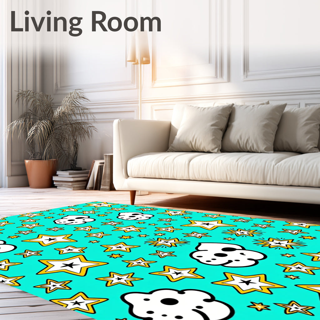 Cartoon Stars and Popcorn Teal Rug