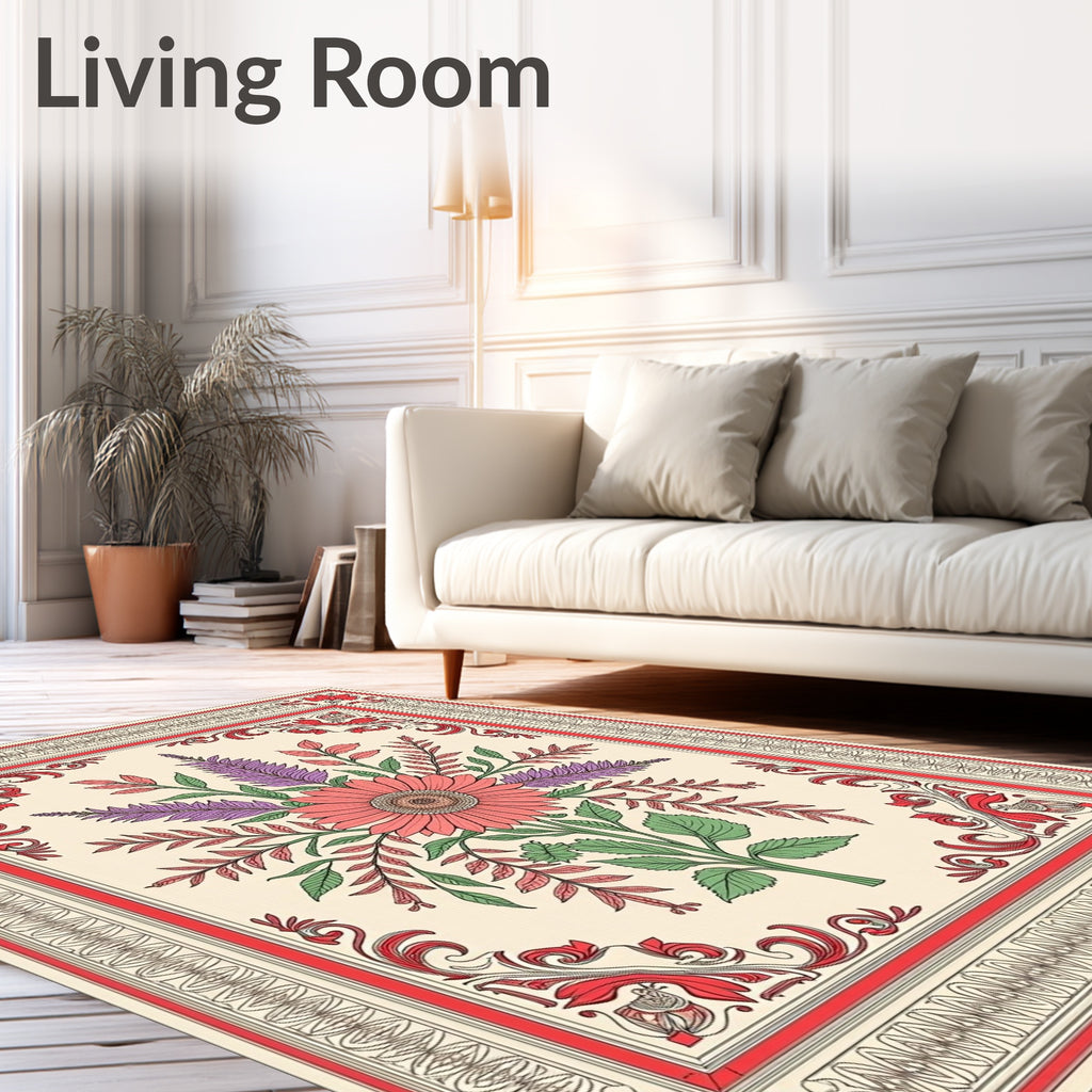 Cream Coral Purple Floral Bordered Rug