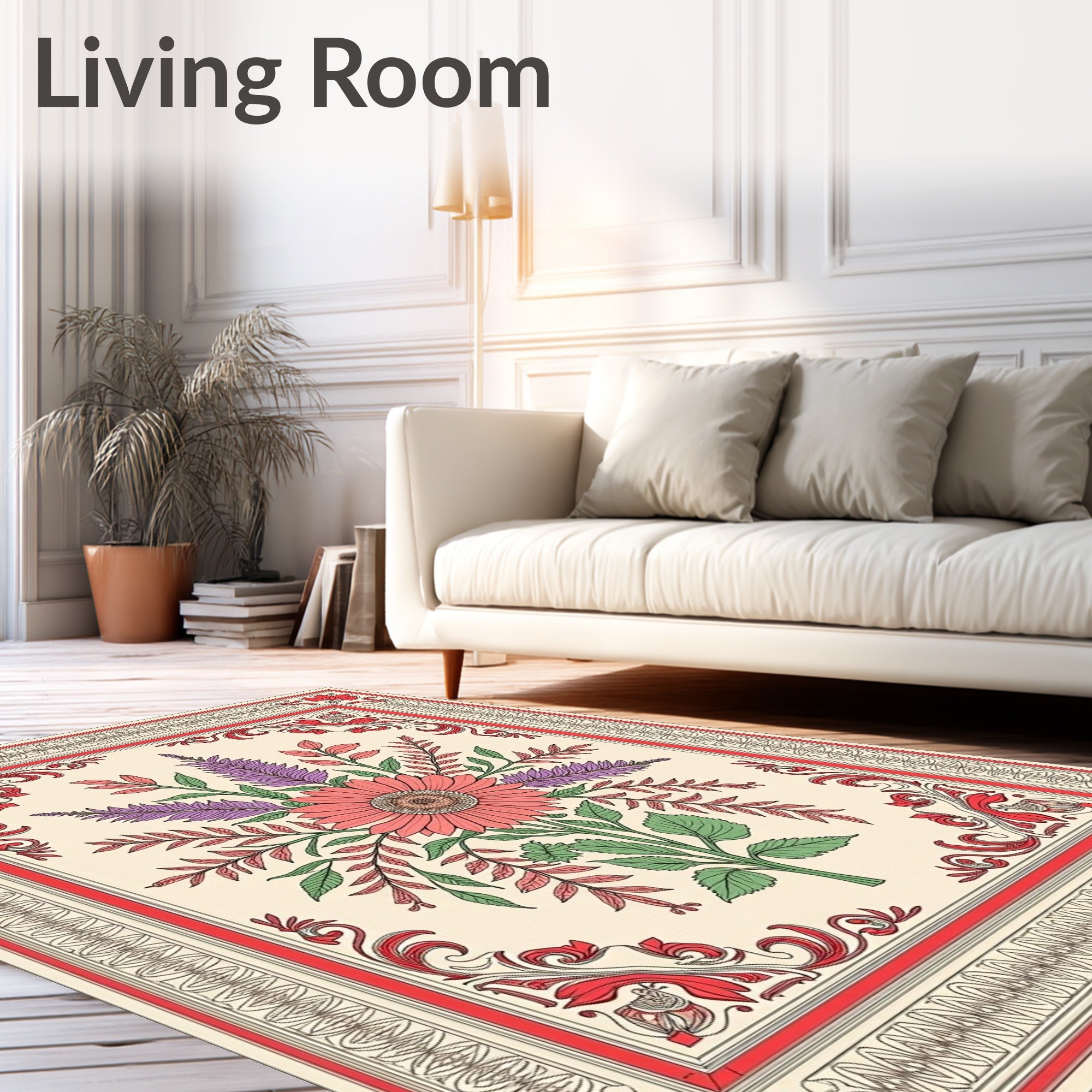 Cream Coral Purple Floral Bordered Rug