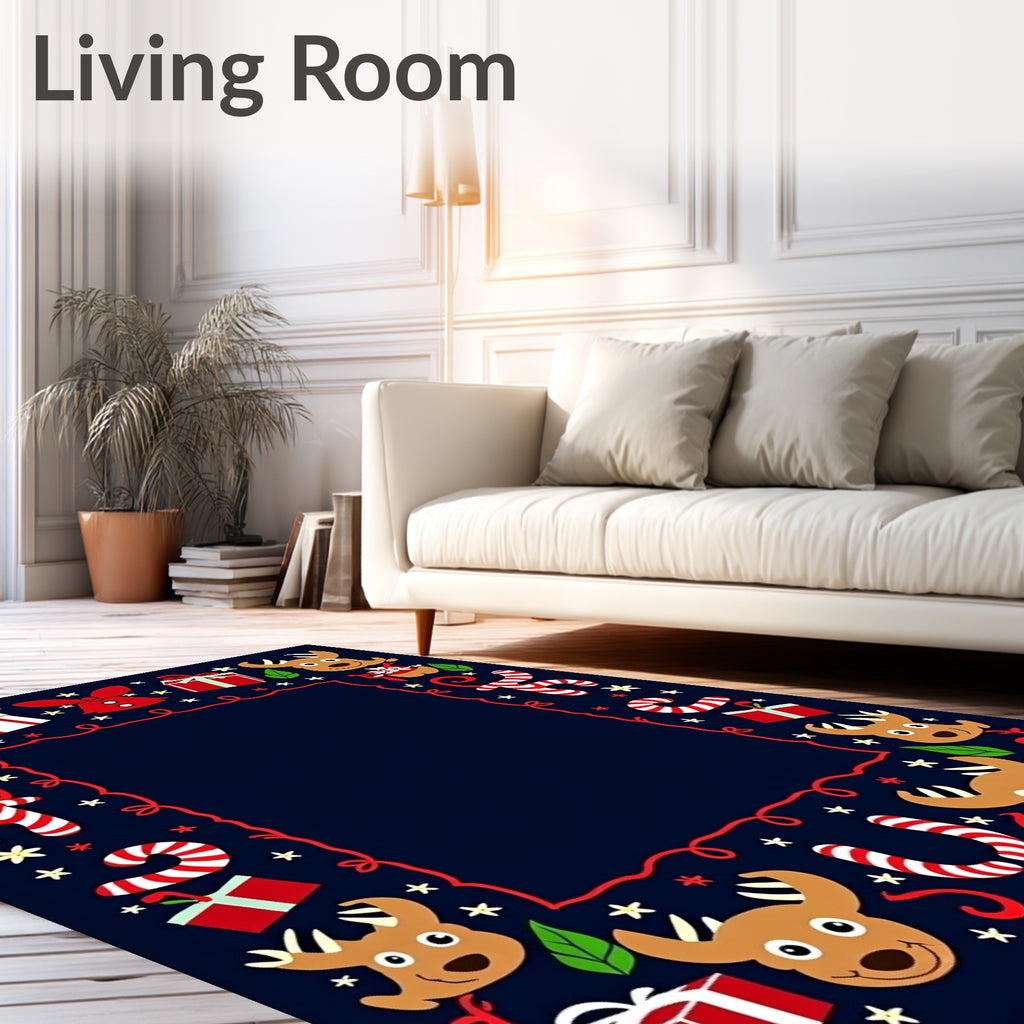 Festive Reindeer Candy Cane Christmas Border Rug