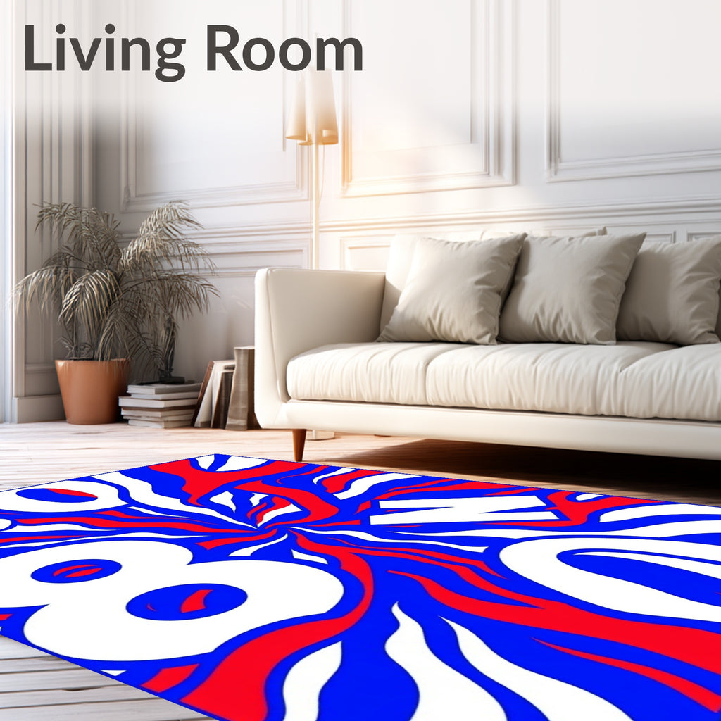 White Bold Numbers Red Blue Swirl Rug