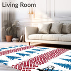 Blue Evergreen Trees Red Border Cat Sleigh Rug
