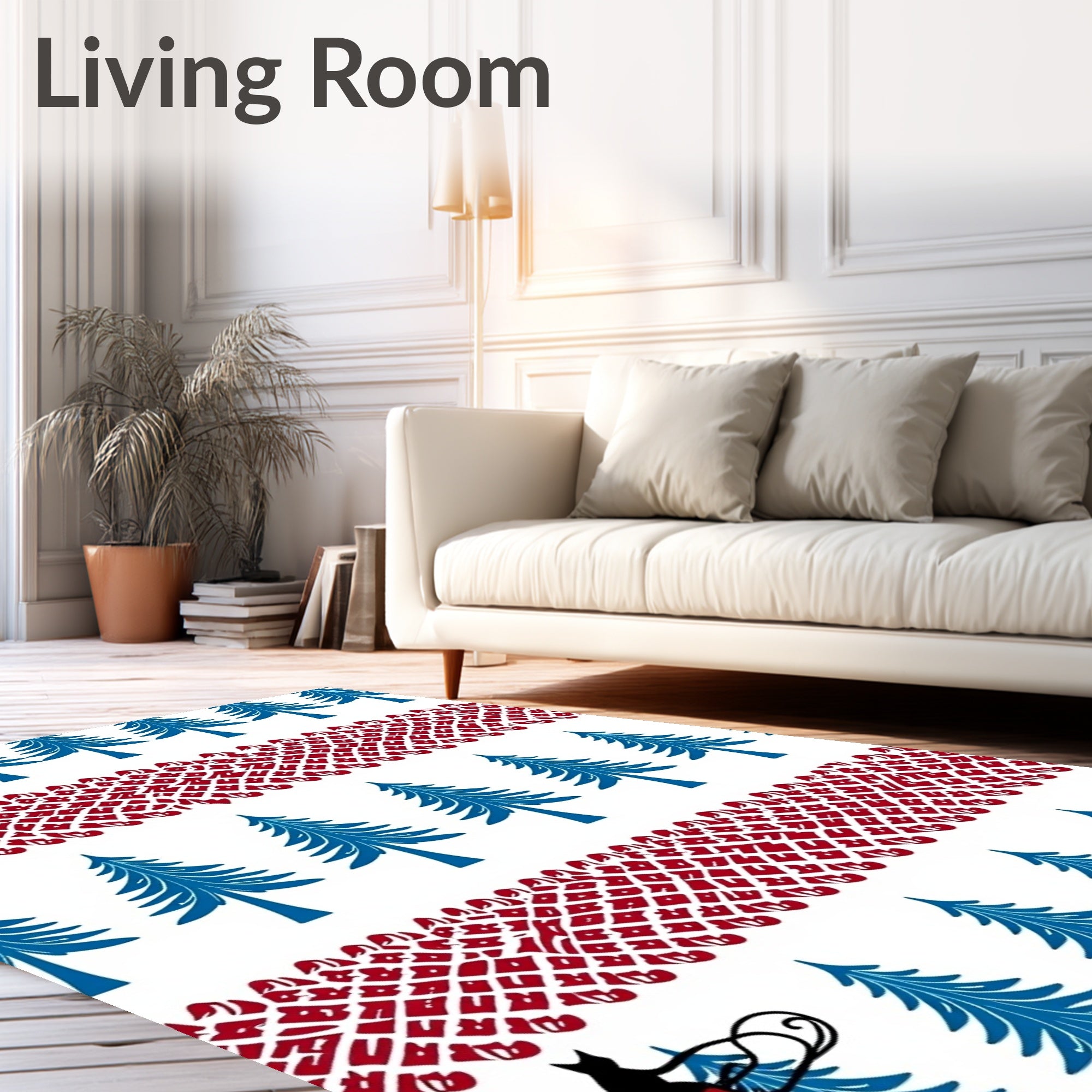 Blue Evergreen Trees Red Border Cat Sleigh Rug
