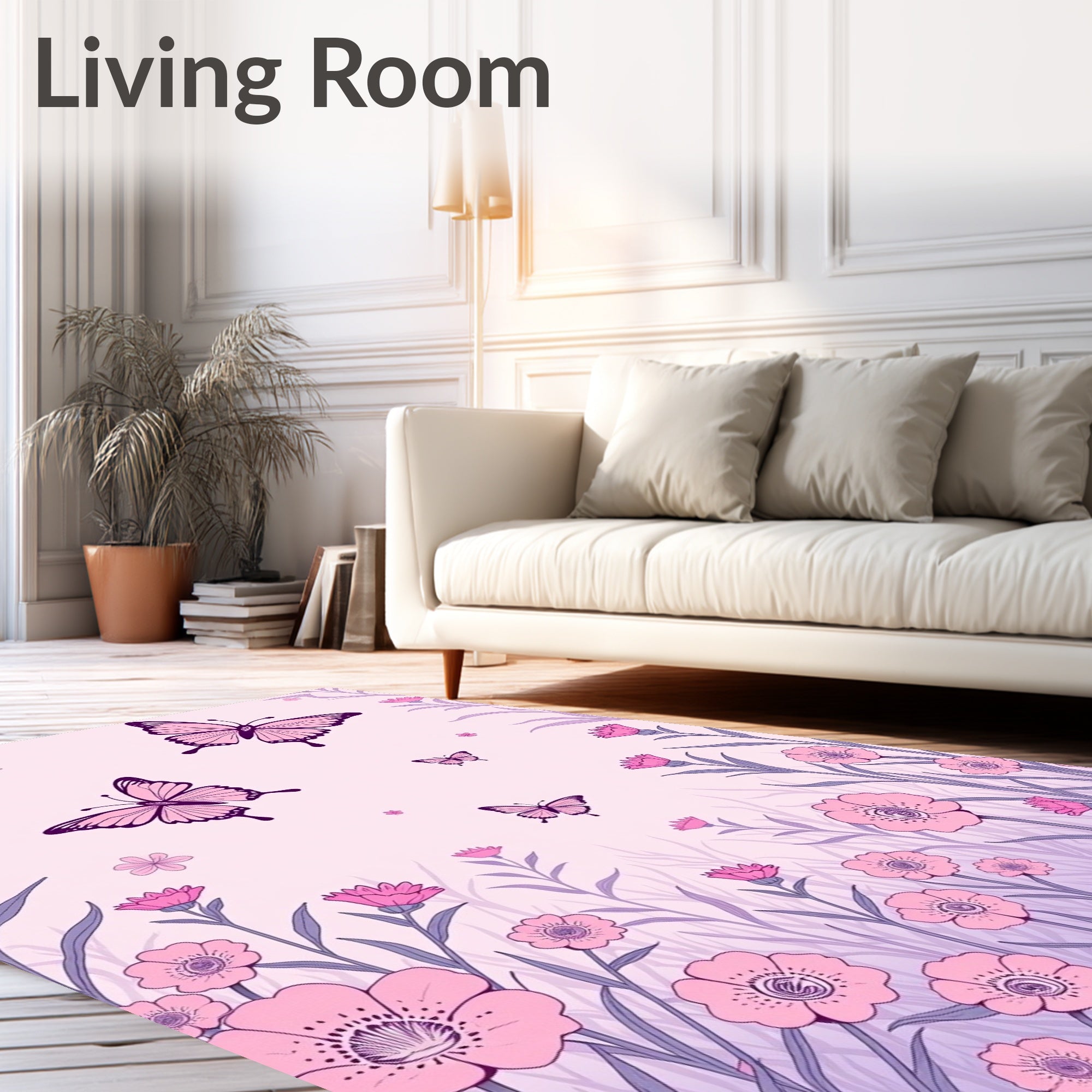 Pink Butterfly Flower Meadow Rug
