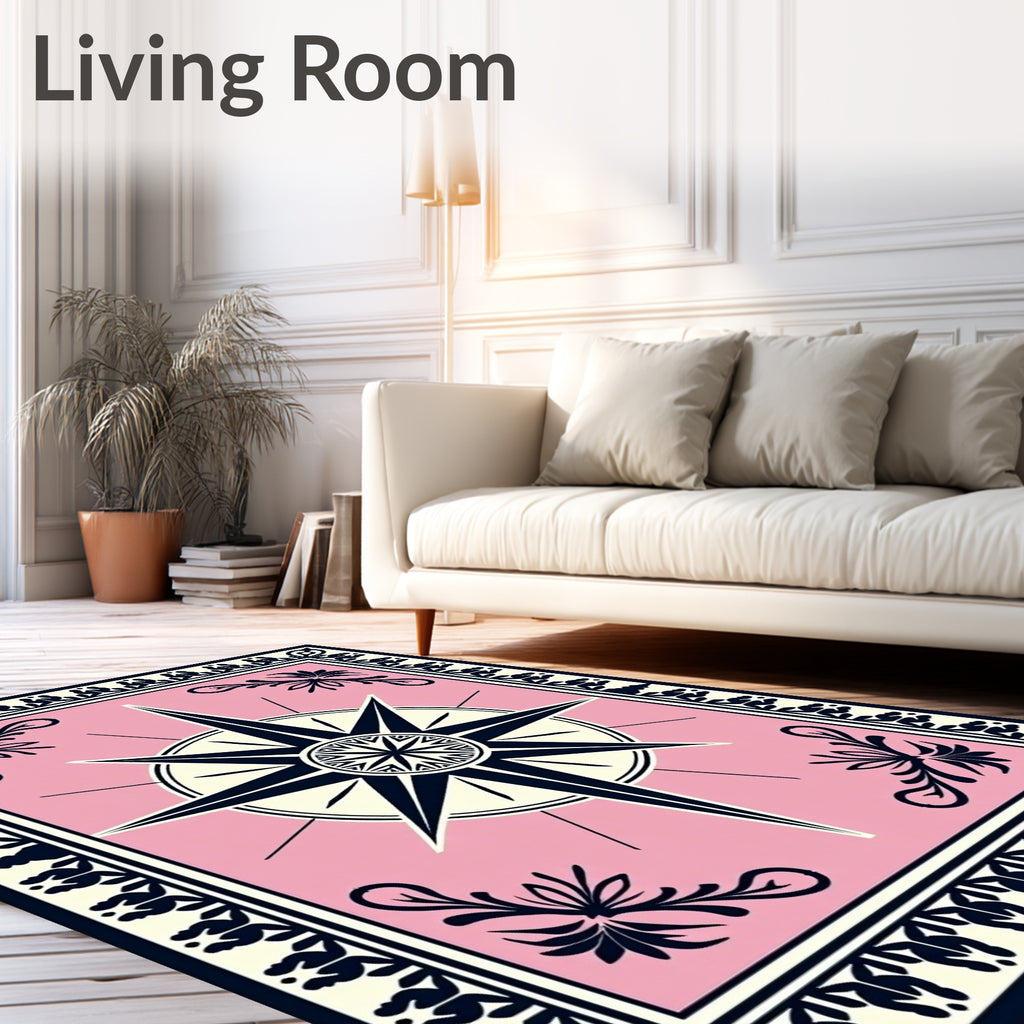 Pink Compass Star Floral Border Rug