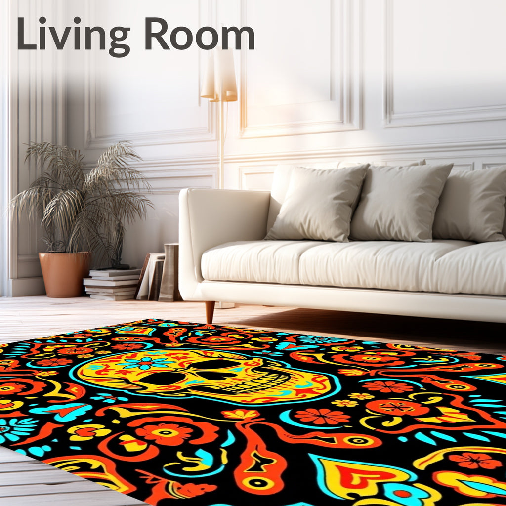 Vibrant Day of the Dead Skull Floral Rug