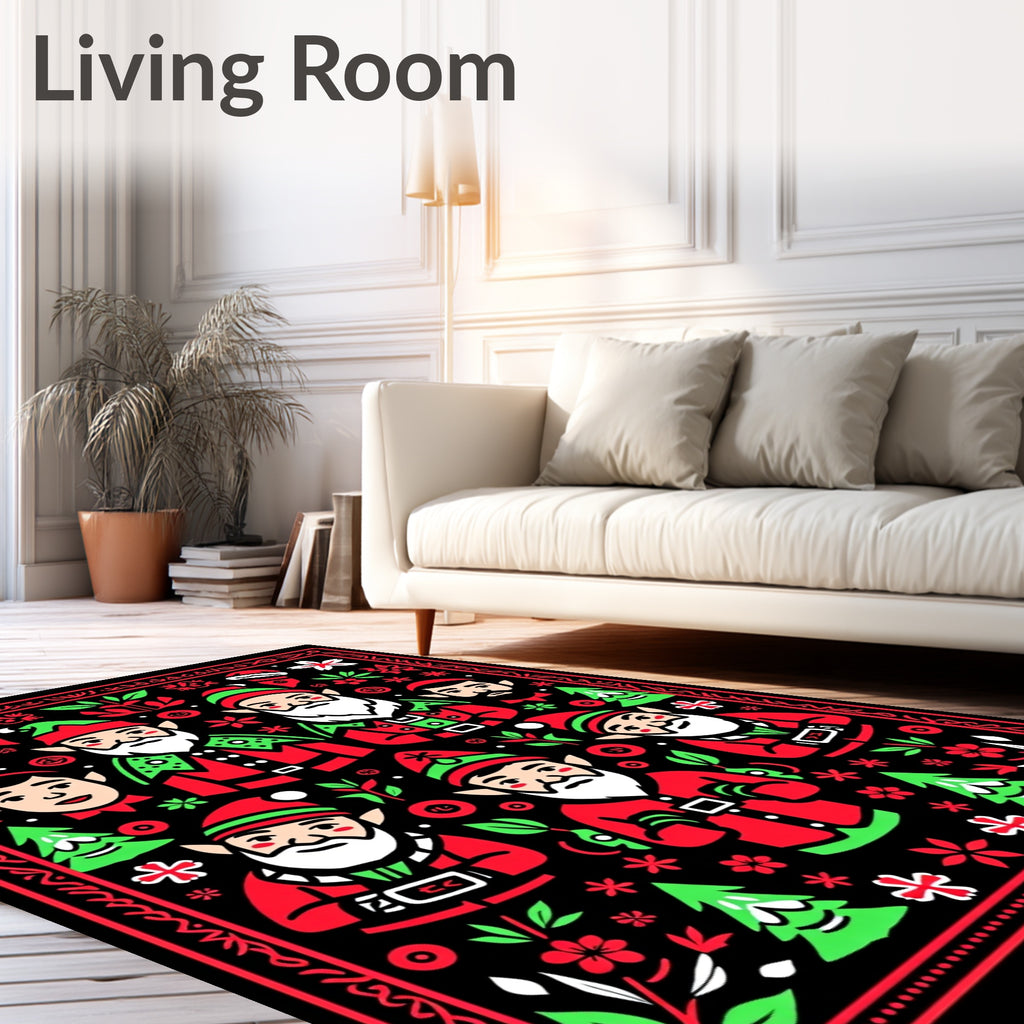 Festive Red Green Elves Christmas Border Rug