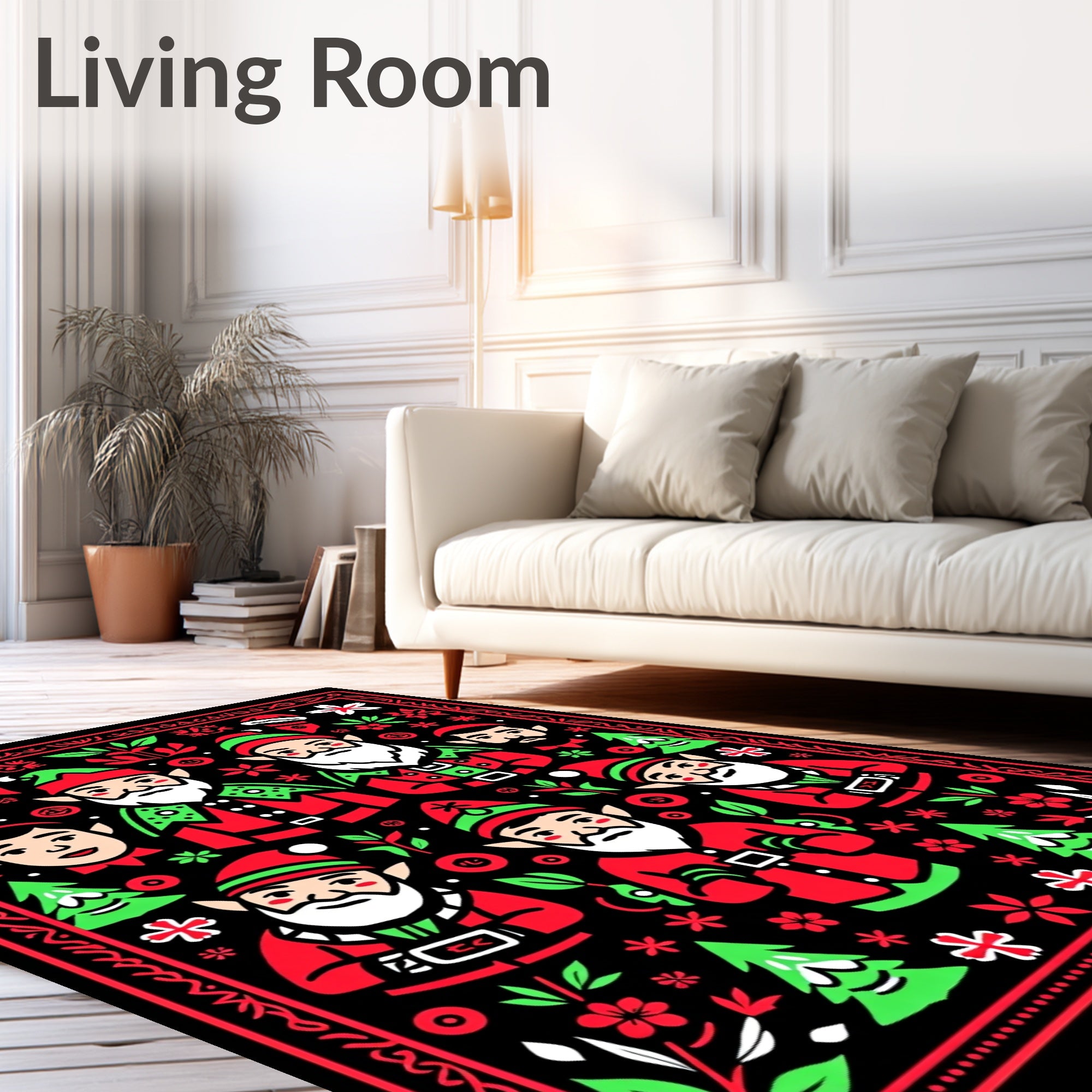 Festive Red Green Elves Christmas Border Rug
