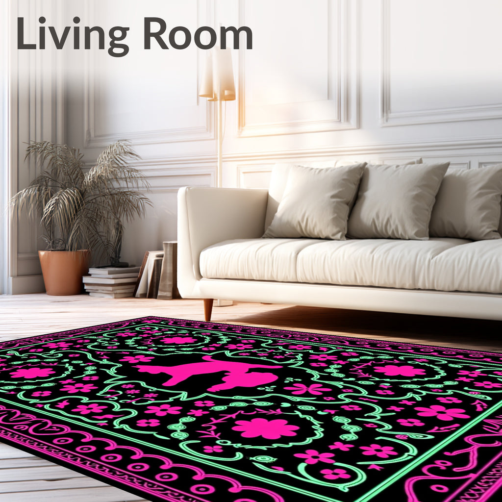Vibrant Pink Mint Cat Floral Border Rug