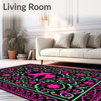 Vibrant Pink Mint Cat Floral Border Rug