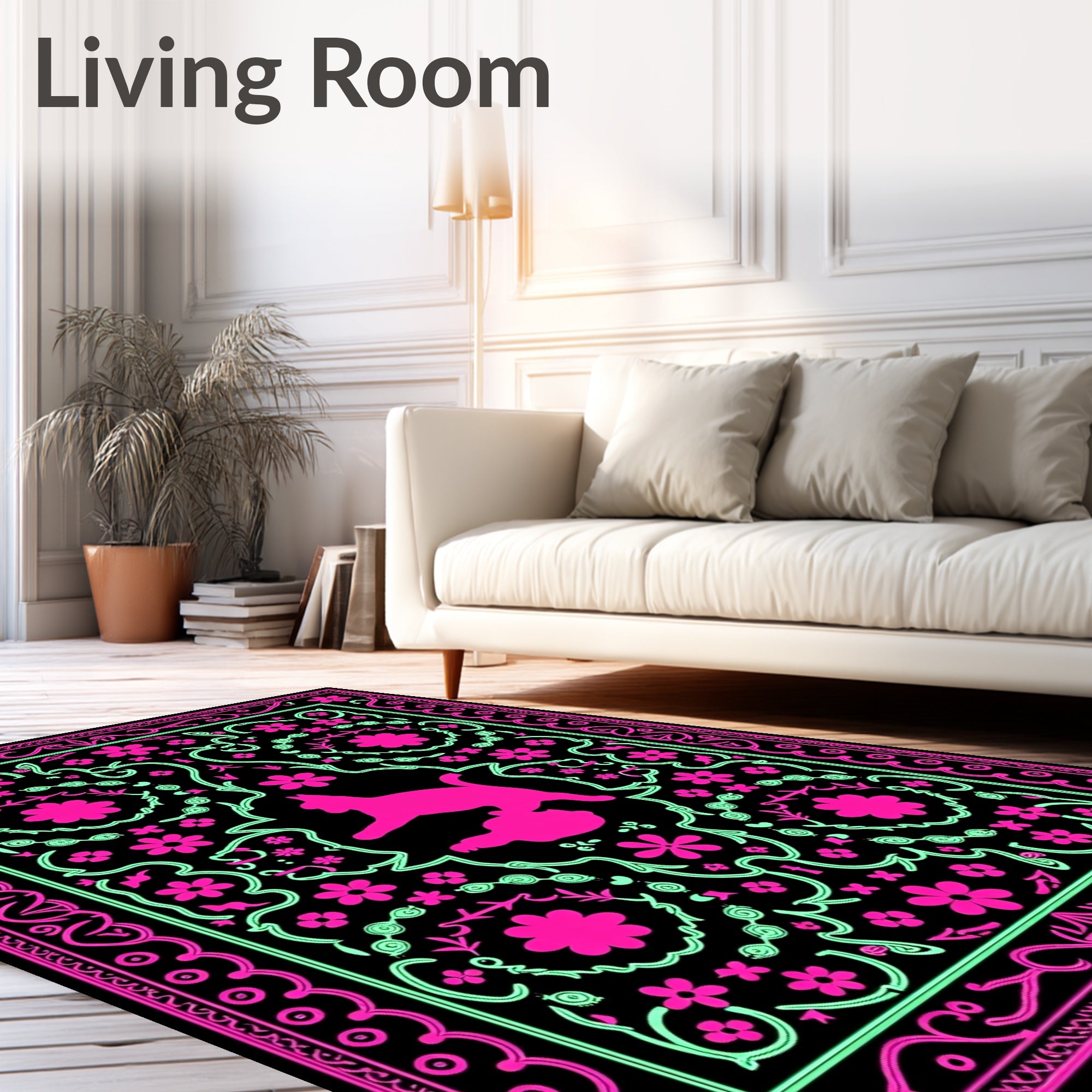 Vibrant Pink Mint Cat Floral Border Rug