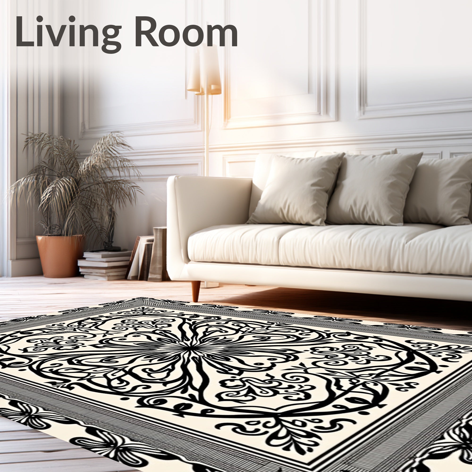 Black Ivory Floral Mandala Border Rug