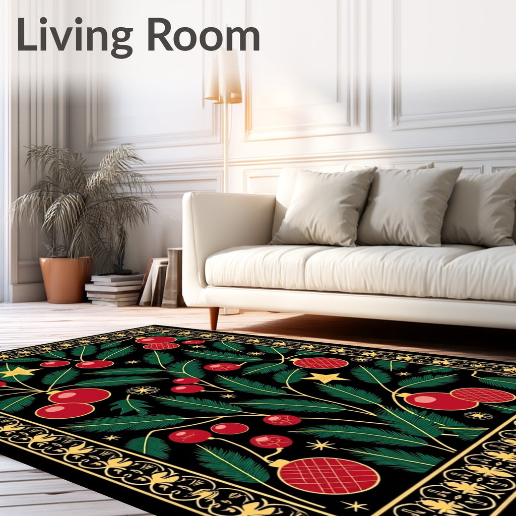 Festive Red Christmas Ornament Pine Needles Rug