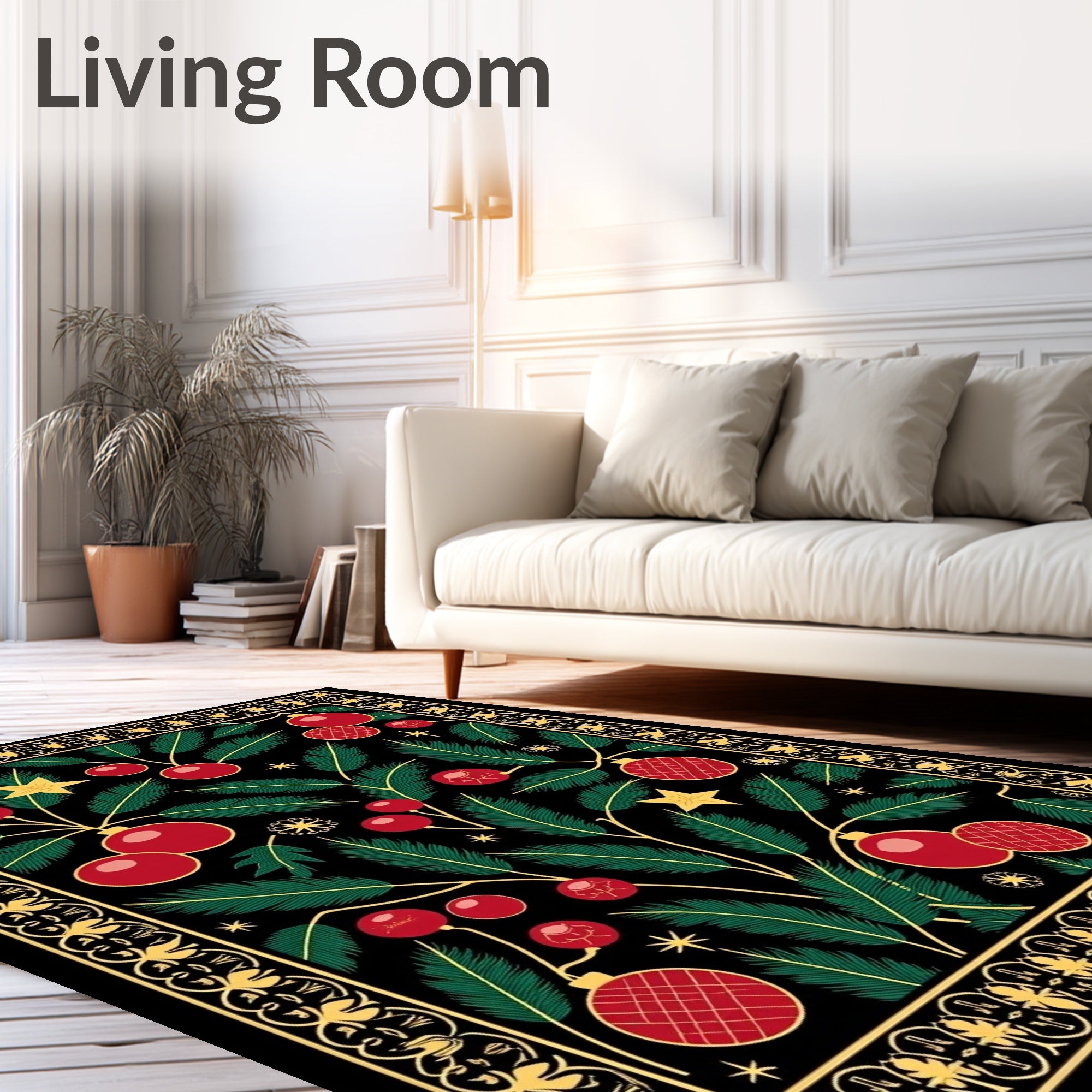 Festive Red Christmas Ornament Pine Needles Rug