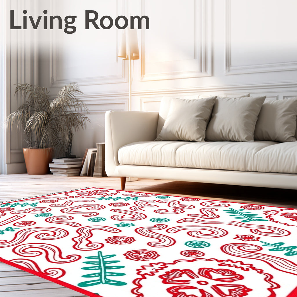 Red Teal Swirling Floral Leaf Harmony Rug