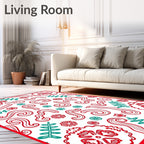 Red Teal Swirling Floral Leaf Harmony Rug