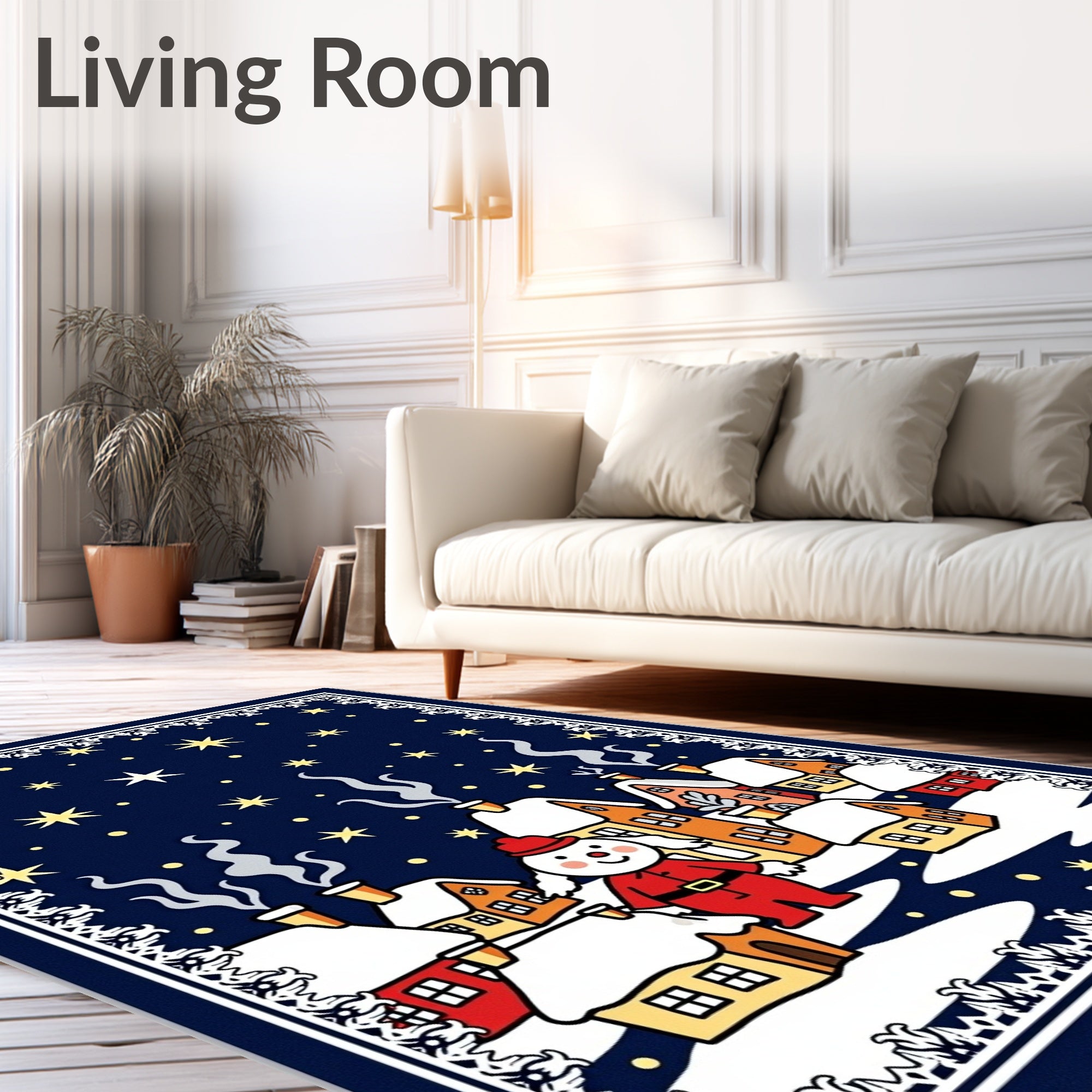 Charming Snowman Festive Village Night Sky Rug