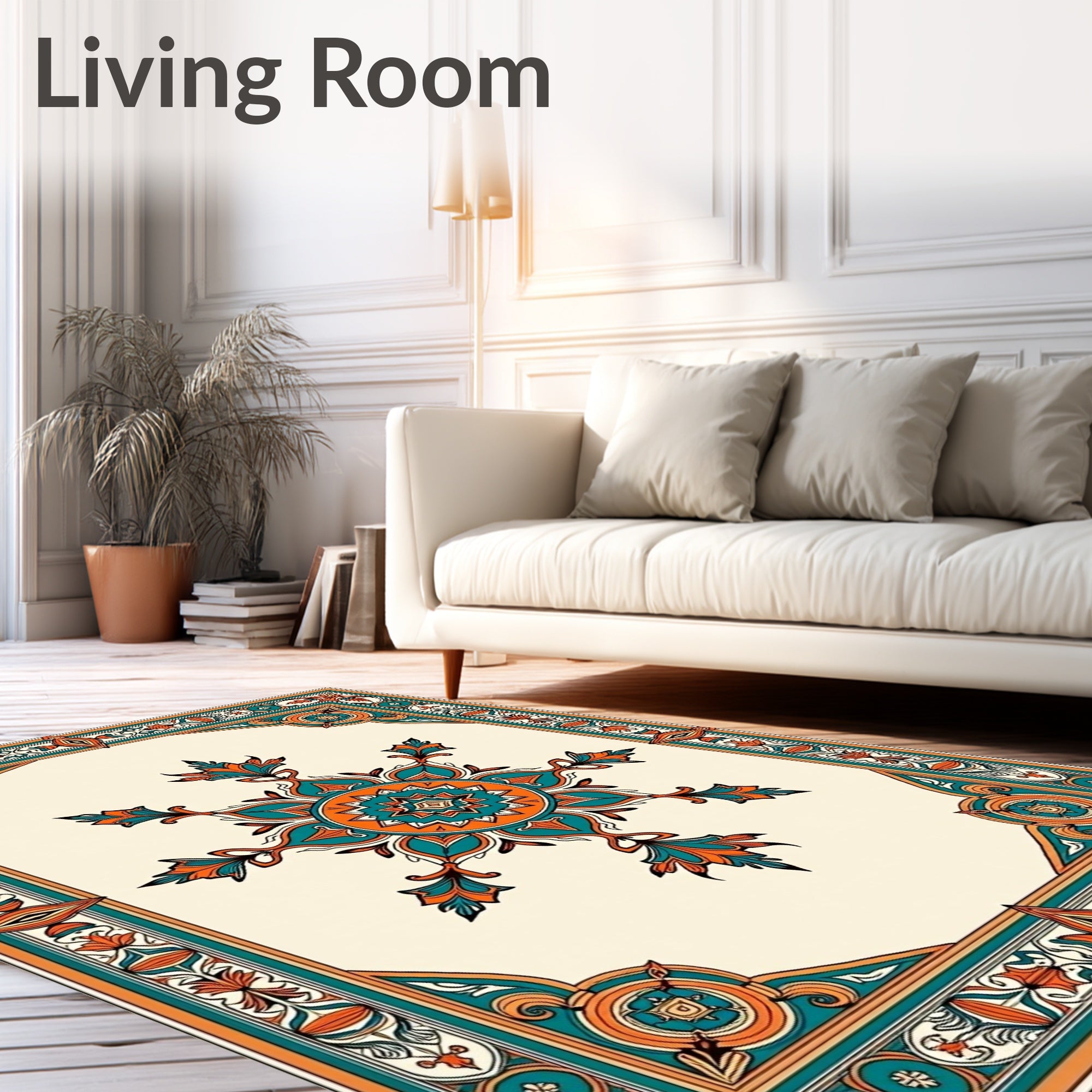 Teal Orange Floral Medallion Frame Rug