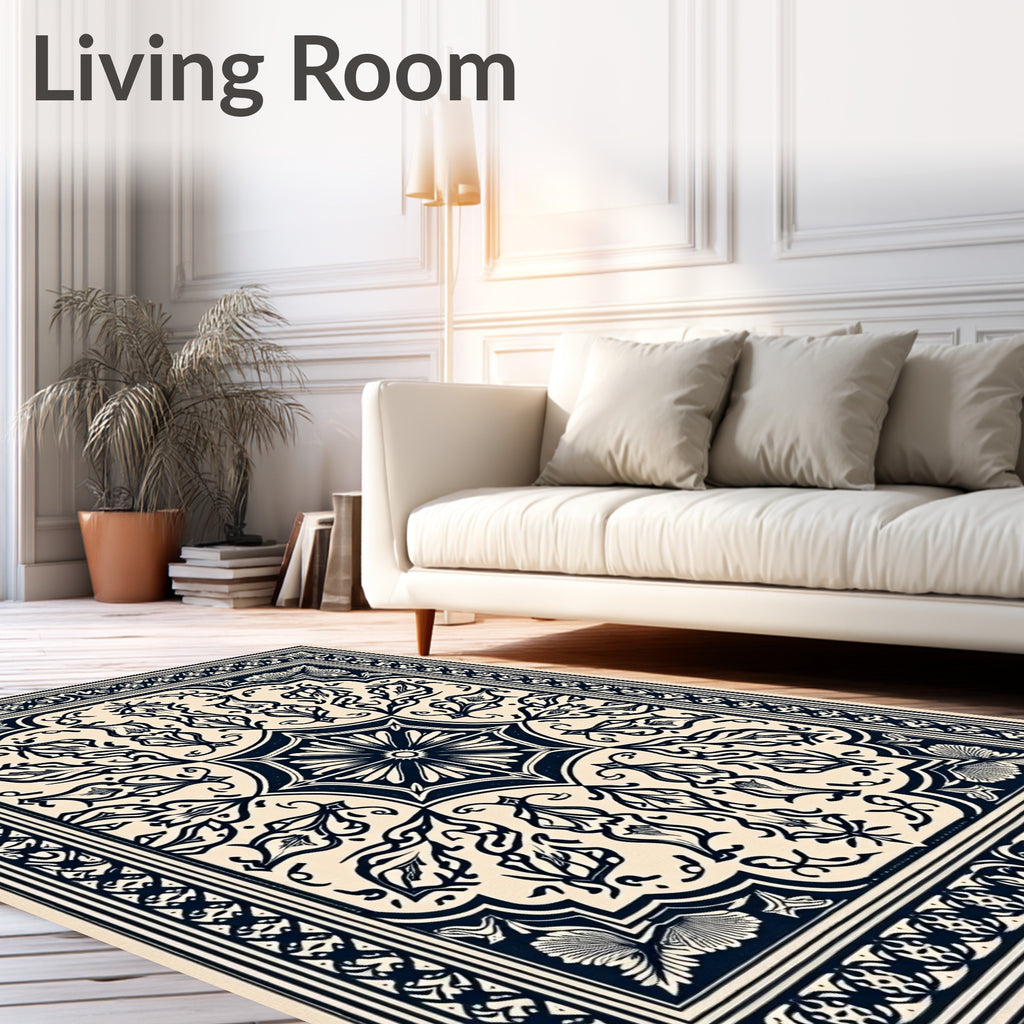 Dark Blue Floral Medallion Border Rug