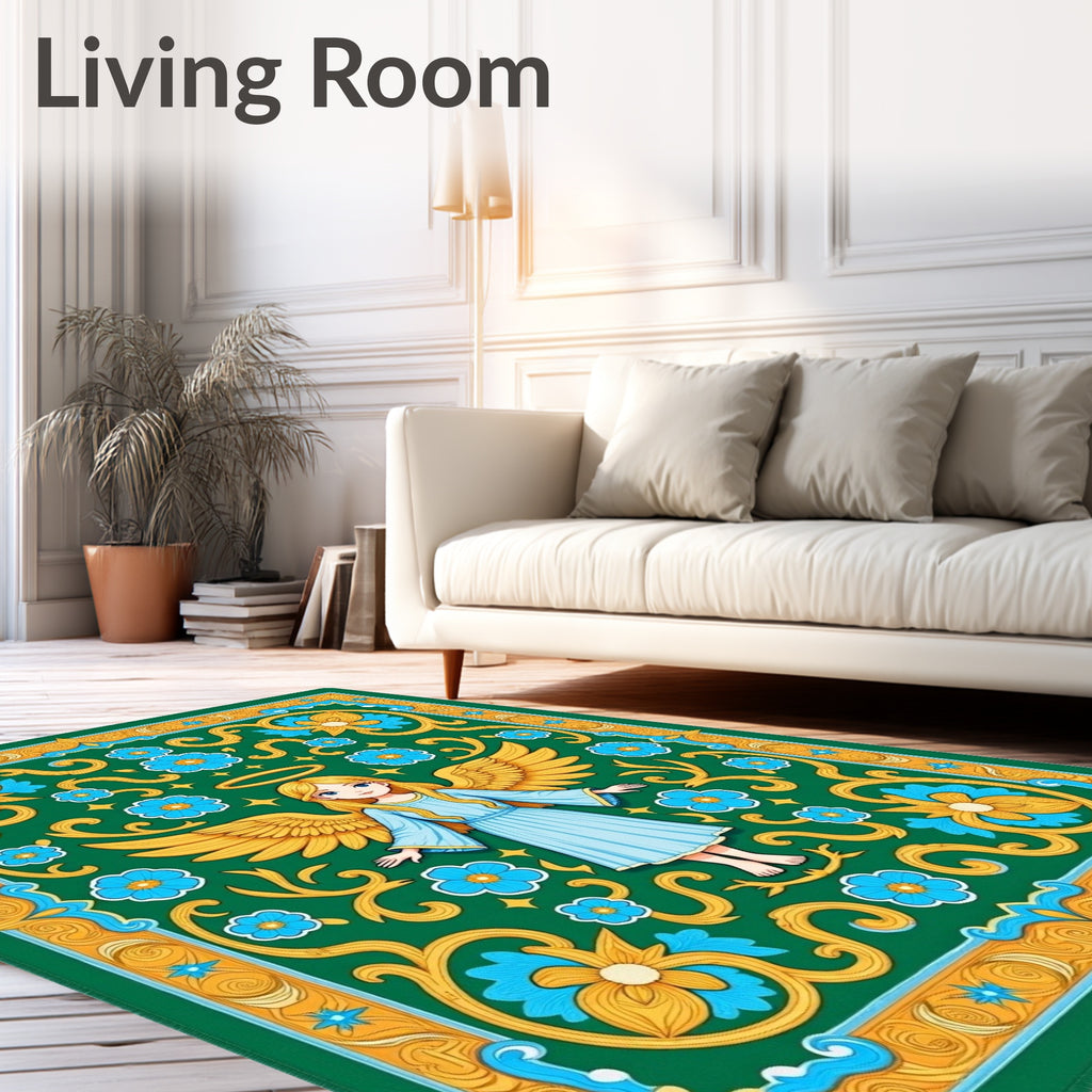 Golden Winged Angel Blue Floral Border Rug