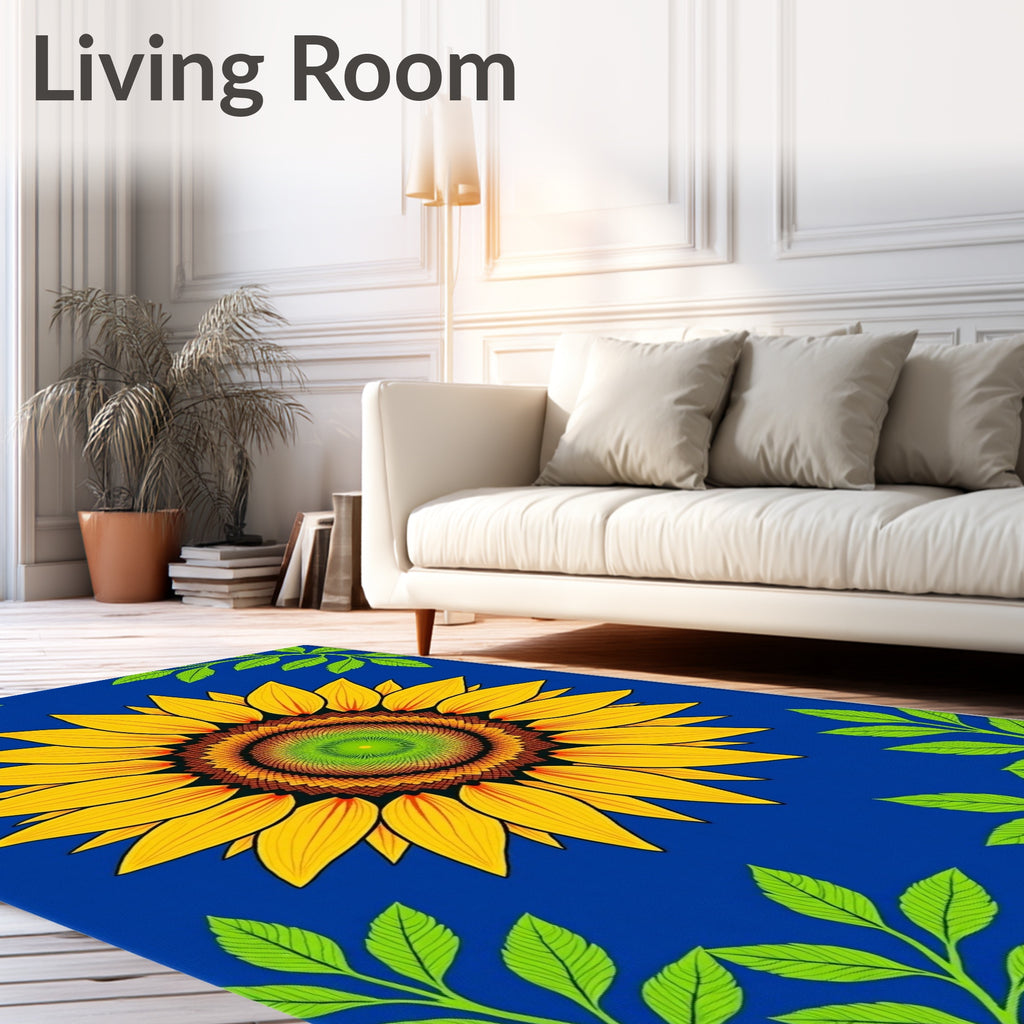 Vibrant Yellow Sunflower Green Leaves Rug