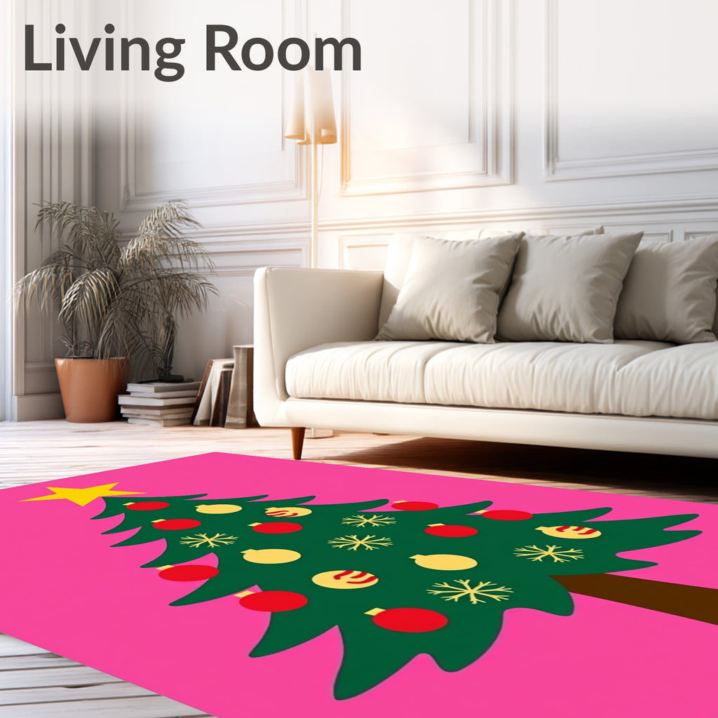 Festive Pink Green Star Ornament Tree Rug