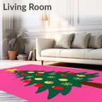 Festive Pink Green Star Ornament Tree Rug
