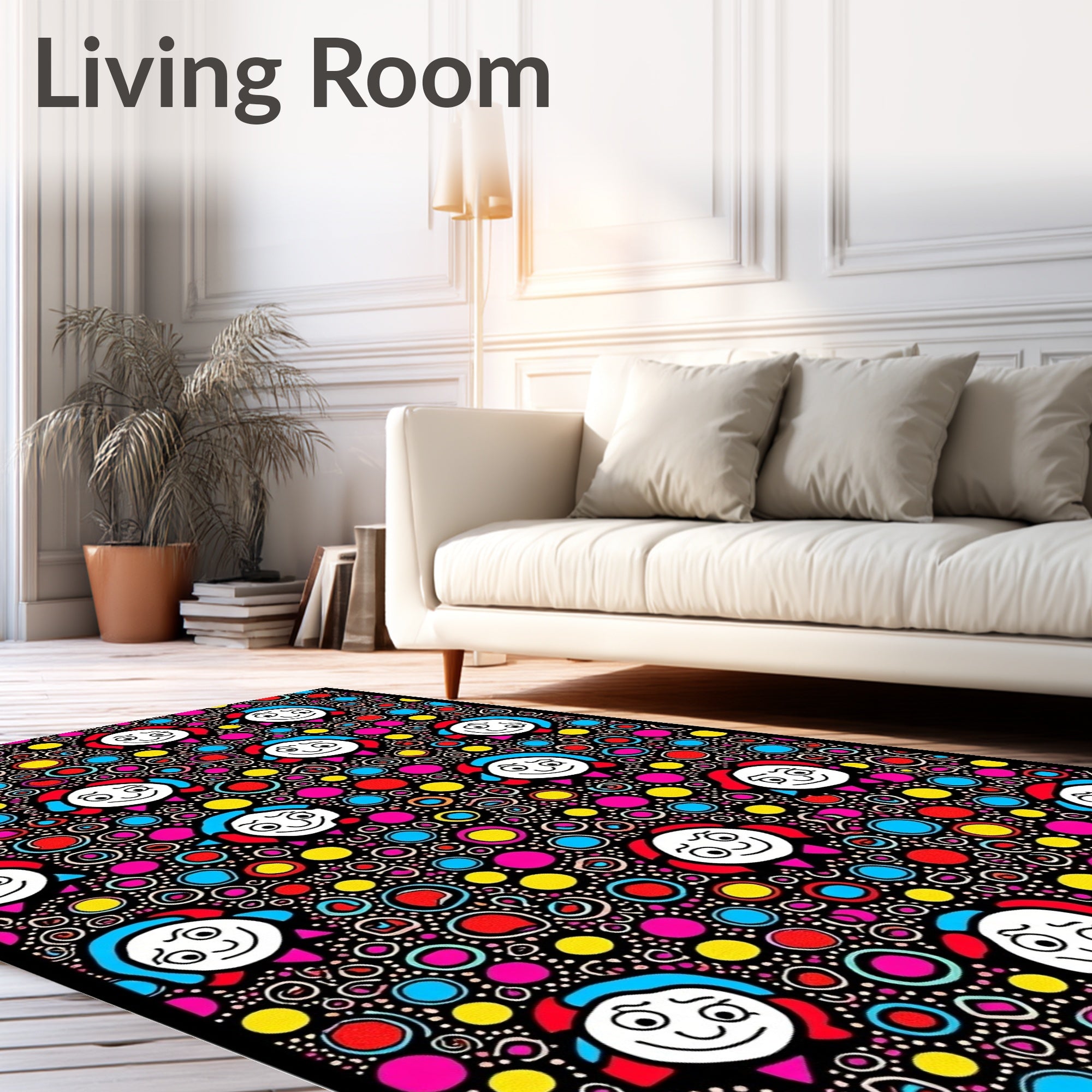 Whimsical Characters Colorful Polka Dot Background Rug