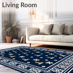 Navy Gold White Floral Border Geometric Rug