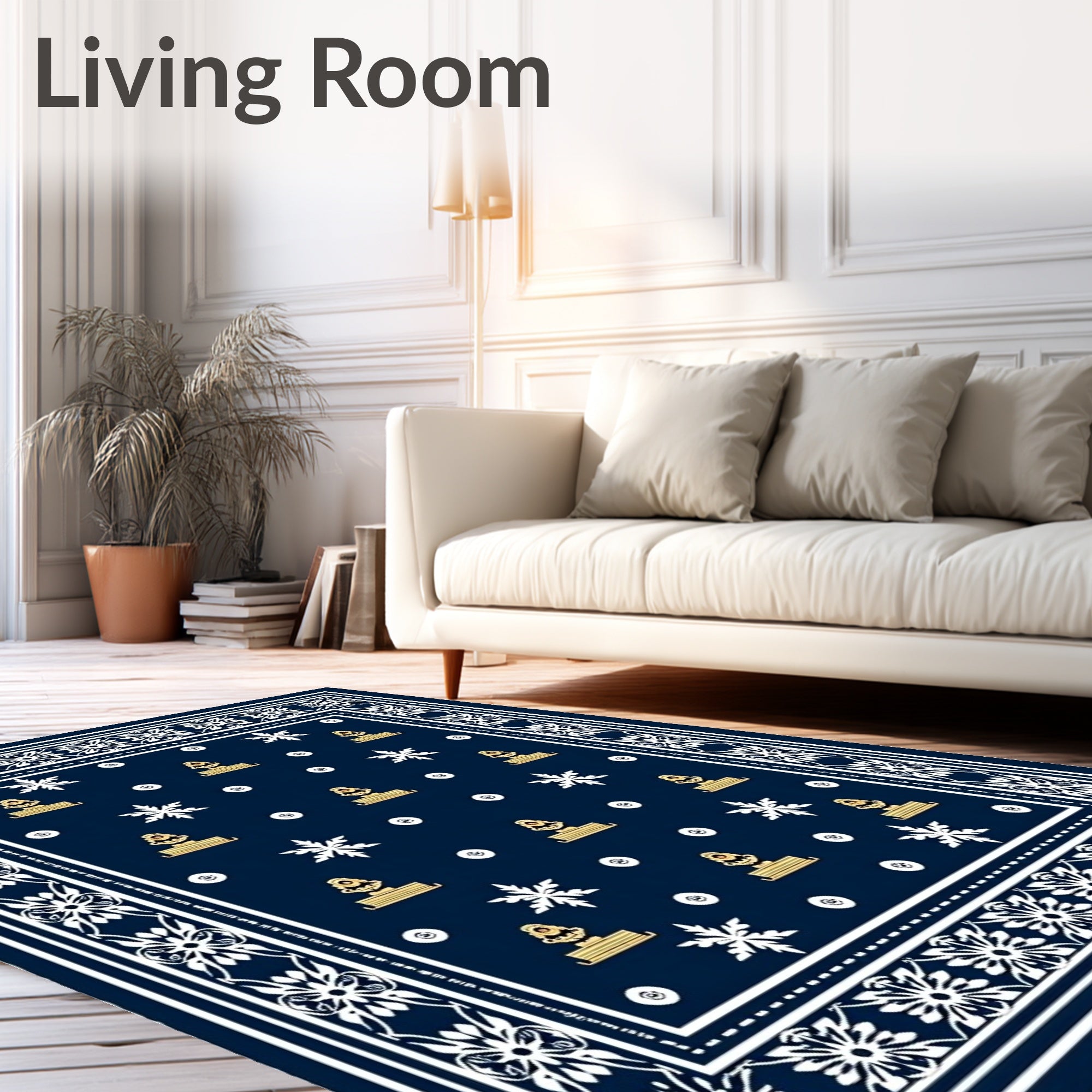 Navy Gold White Floral Border Geometric Rug