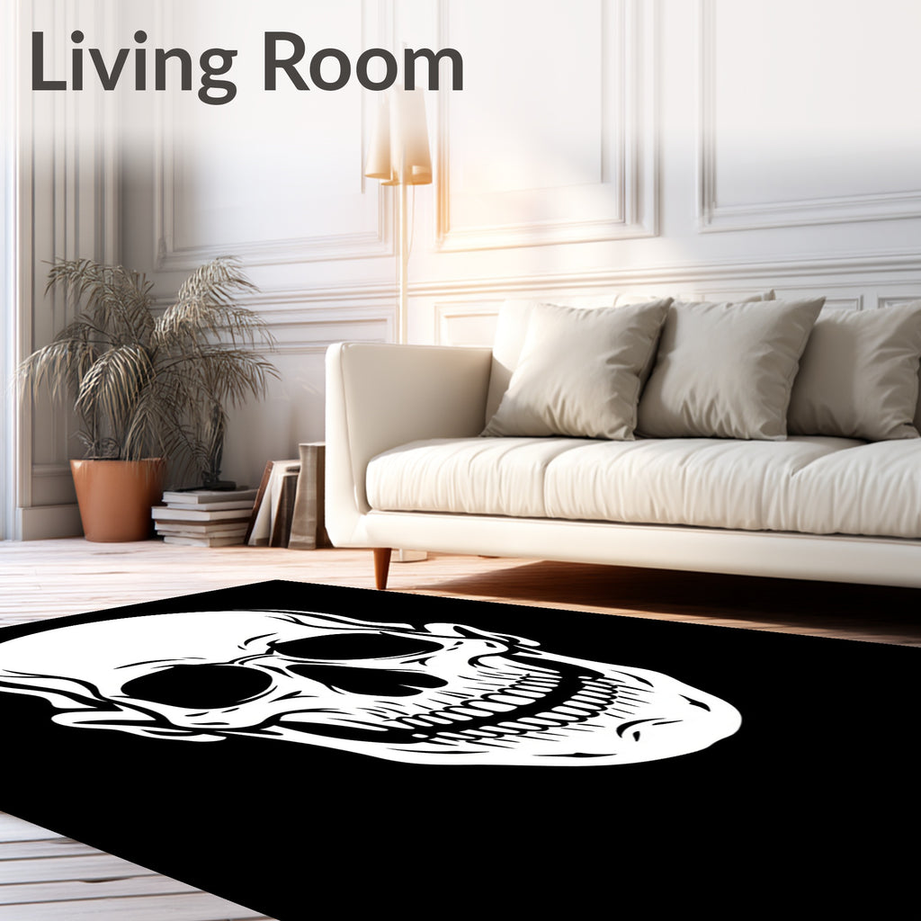 Bold White Skull Black Background Rug