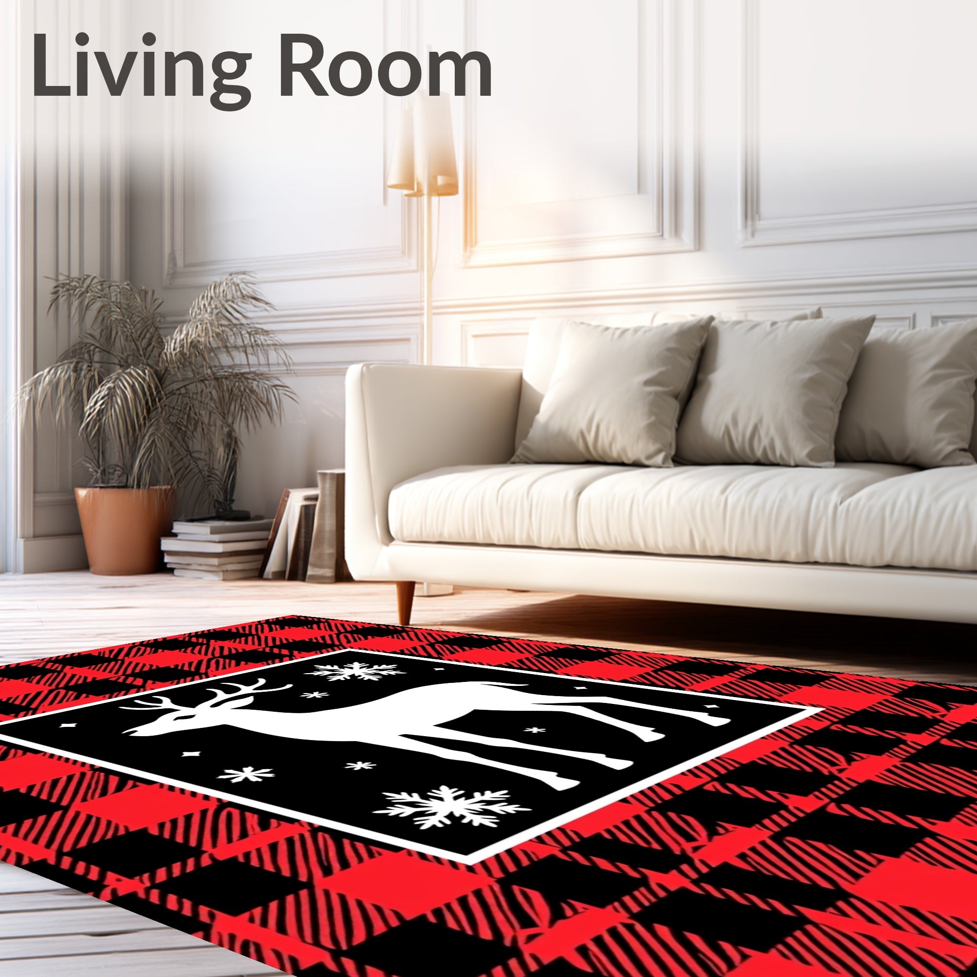 Red Black Buffalo Plaid Deer Snowflake Rug