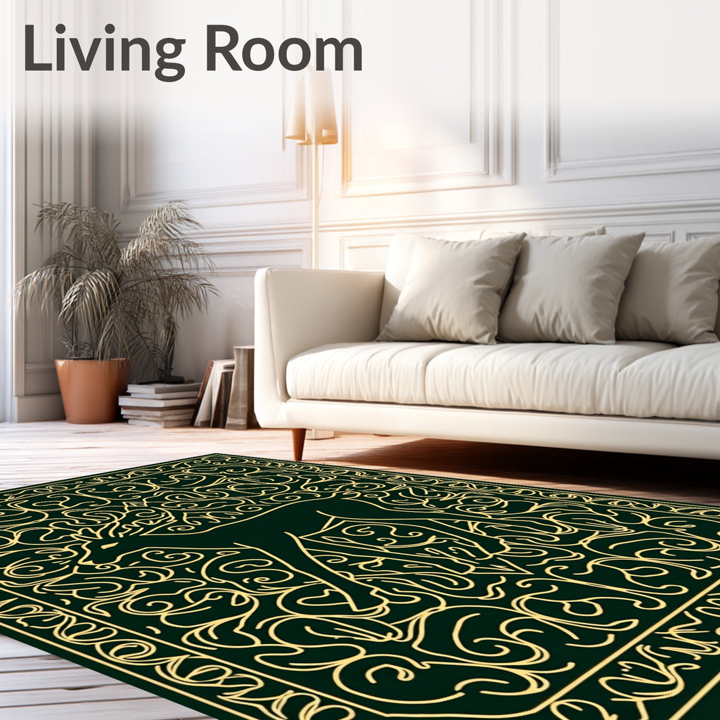 Dark Green Golden Deer Line Art Rug