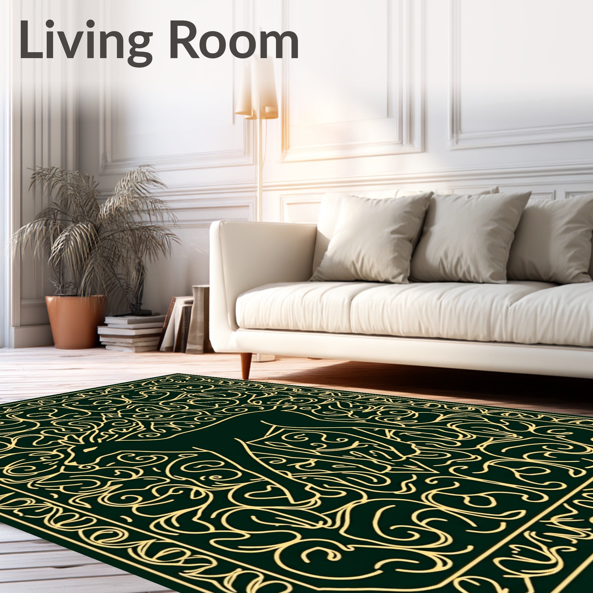 Dark Green Golden Deer Line Art Rug