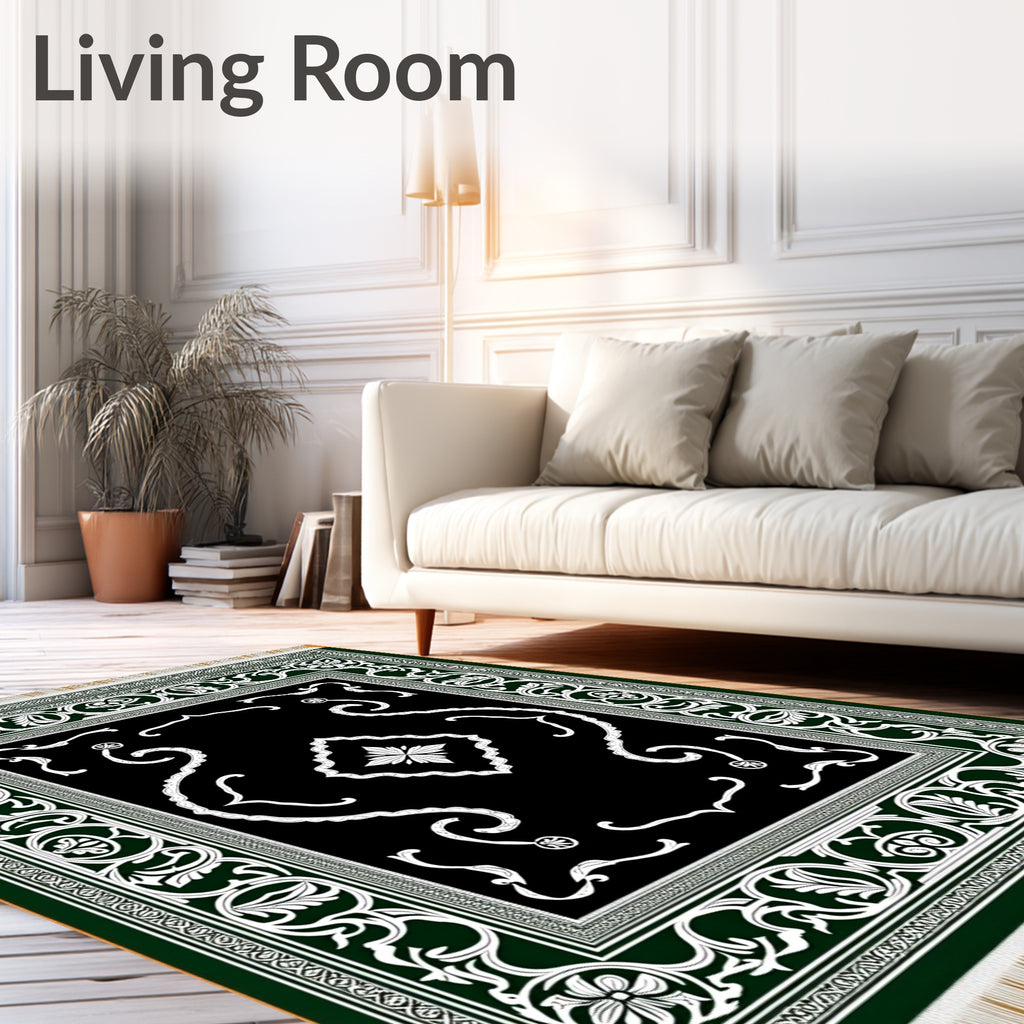 Dark Green White Floral Medallion Rug