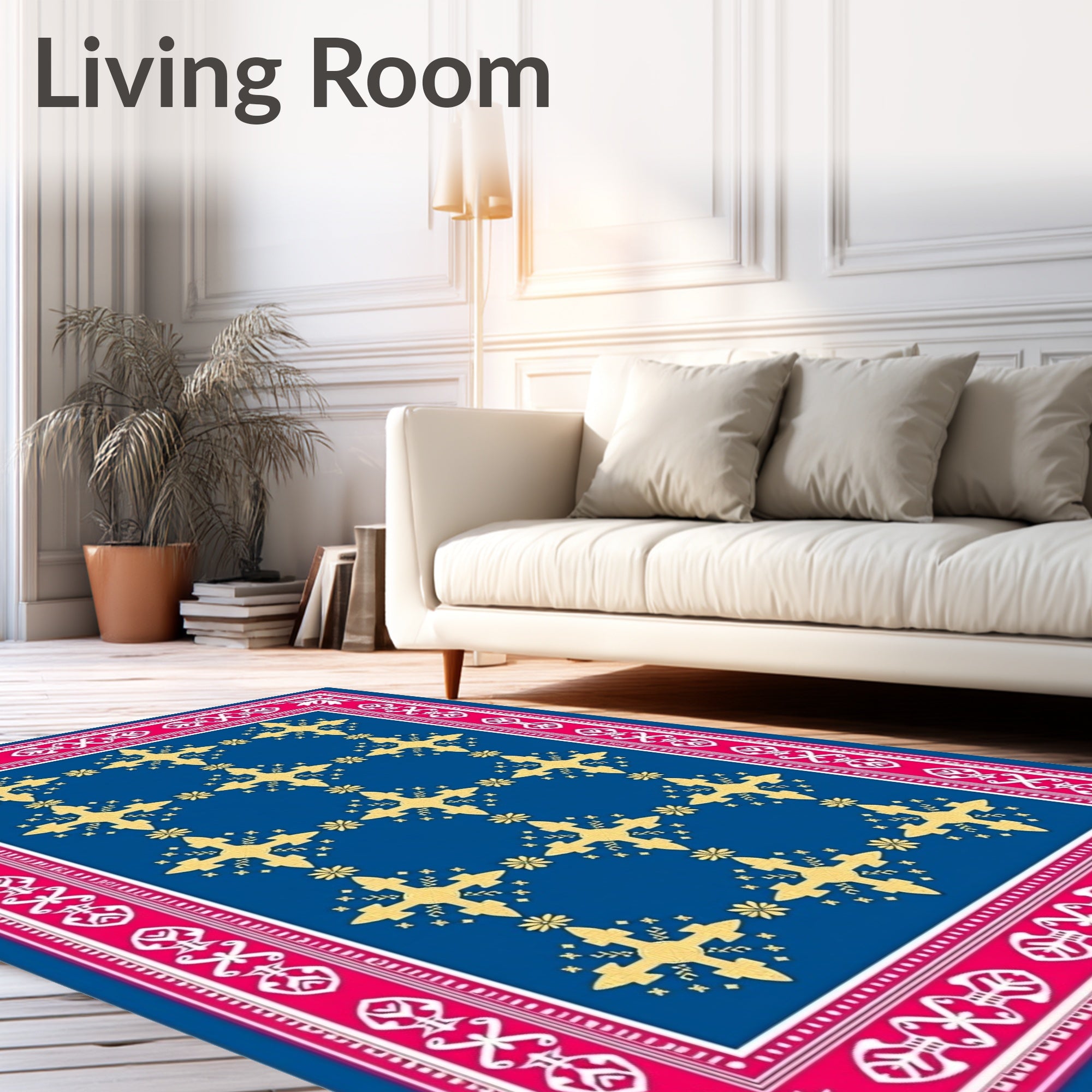 Vibrant Gold Crosses Blue Border Rug