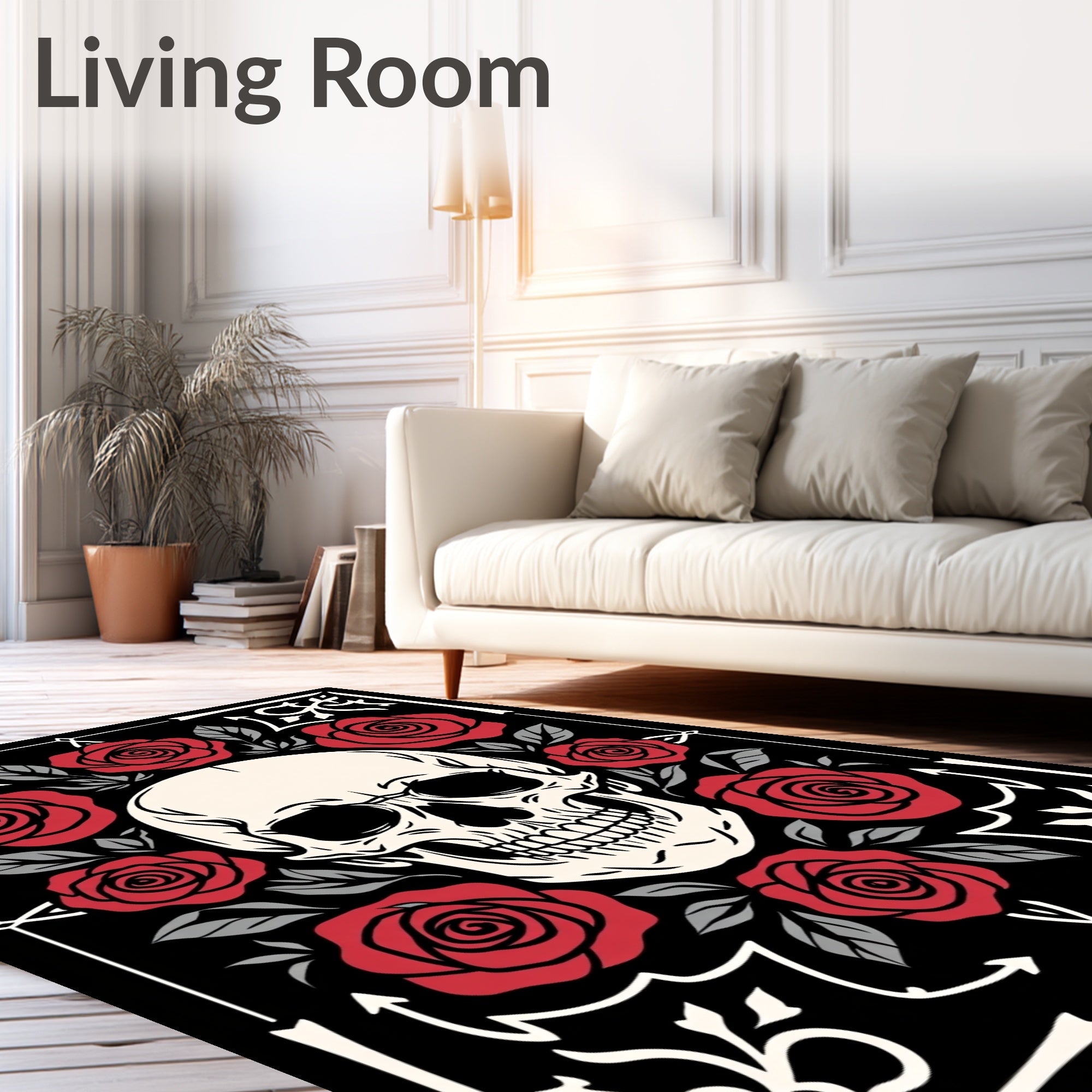 Dark Red Rose Skull Border Rug