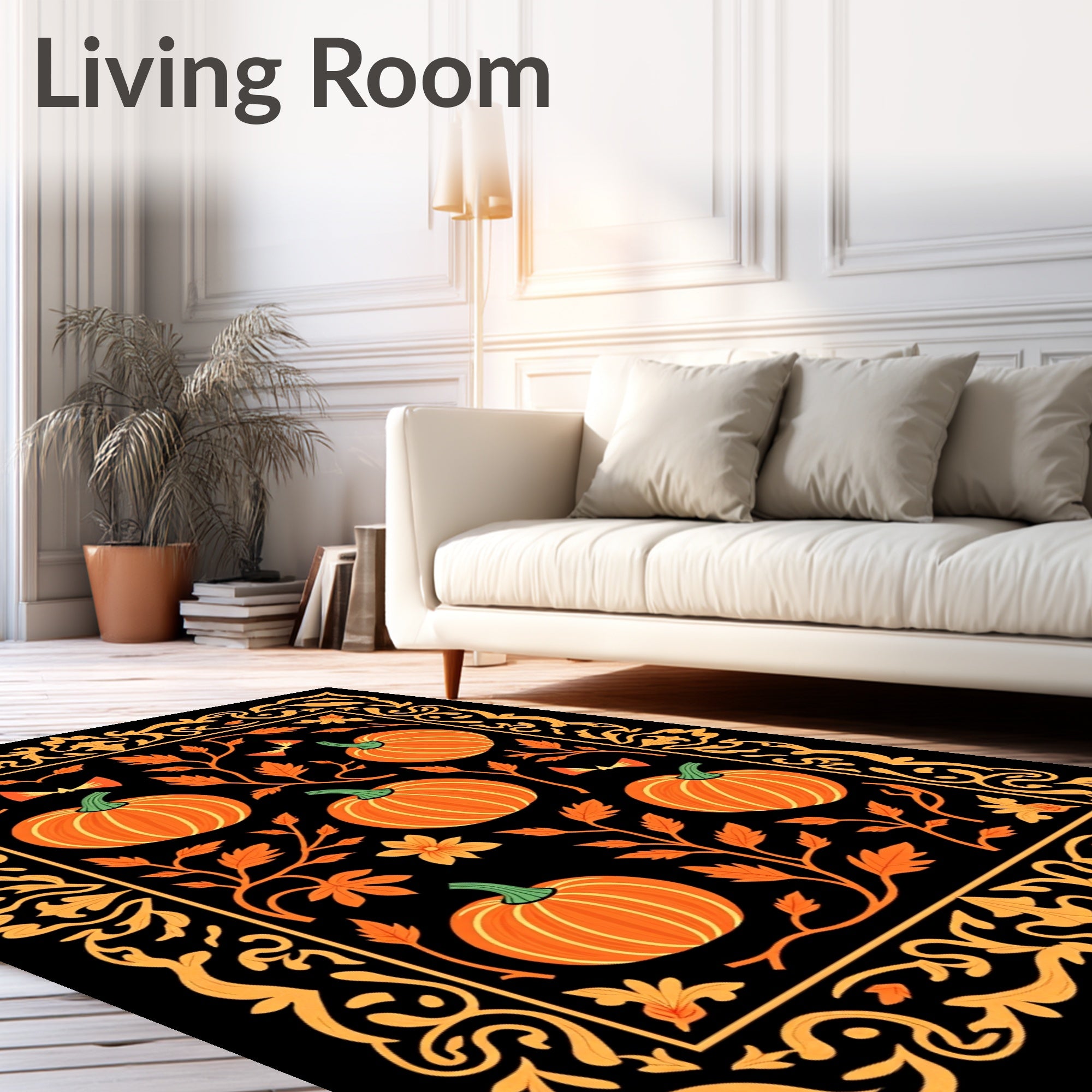 Orange Pumpkin Vine Bordered Rug