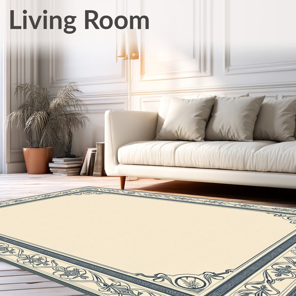 Navy Blue Floral Border Rug