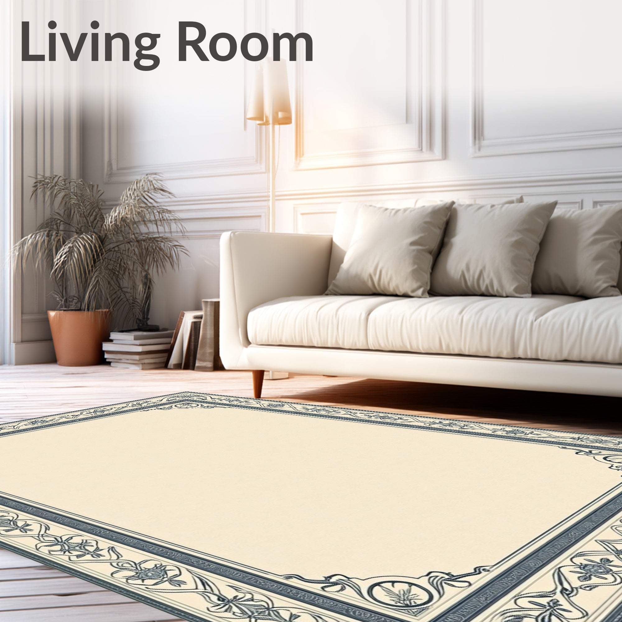 Navy Blue Floral Border Rug