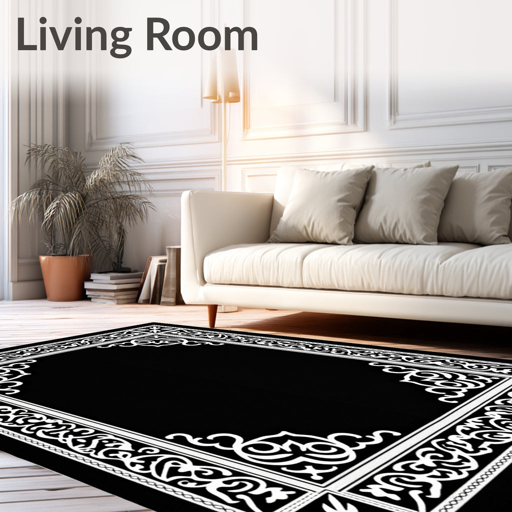 Elegant Black White Scroll Border Rug