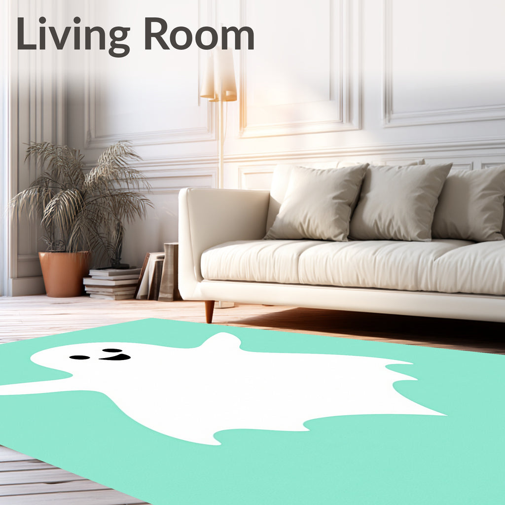 Whimsical White Ghost Teal Background Rug