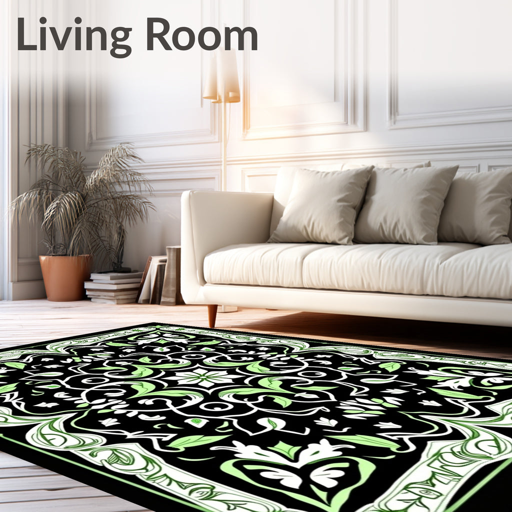 Elegant Black Green Floral Medallion Rug