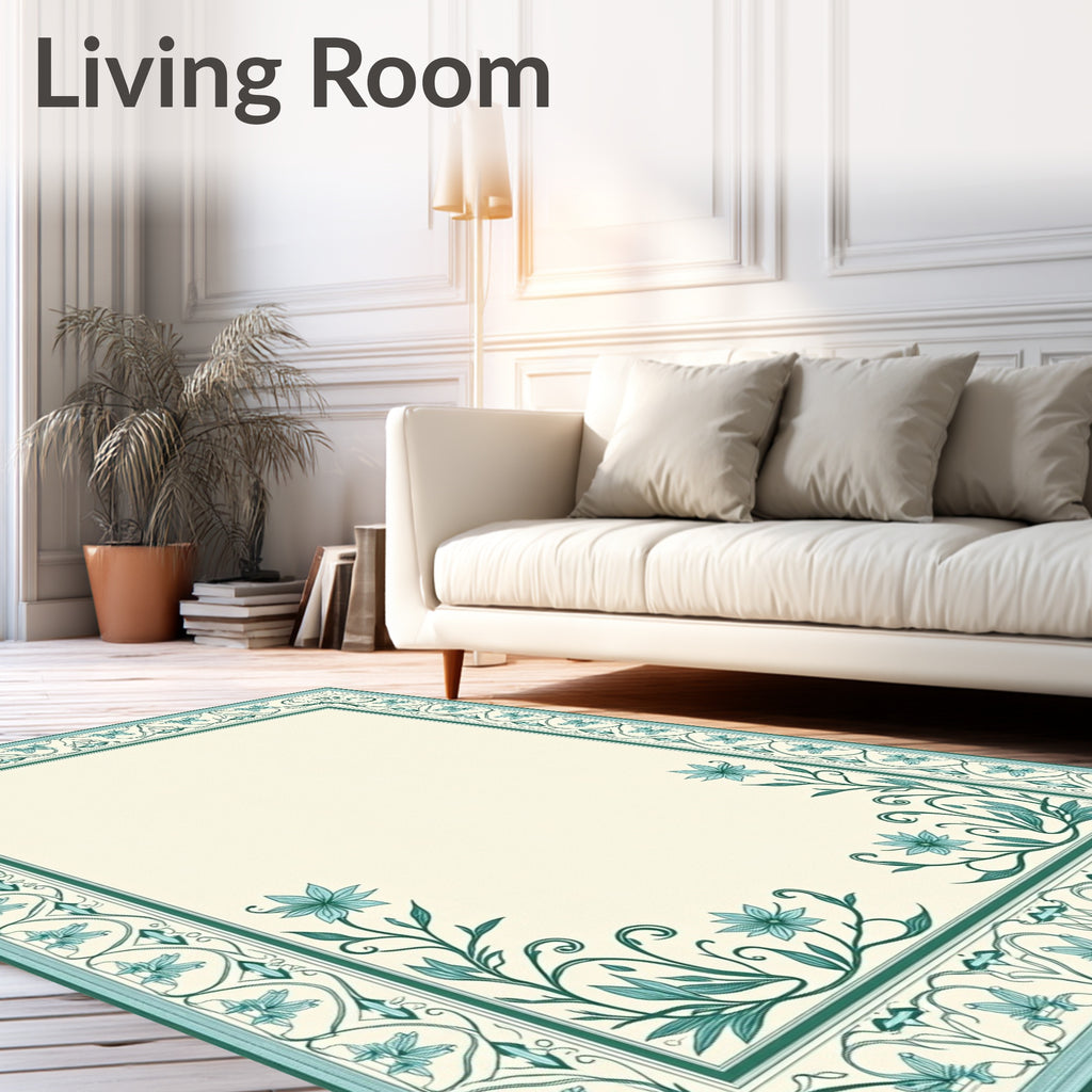 Teal Floral Border Cream Classic Rug
