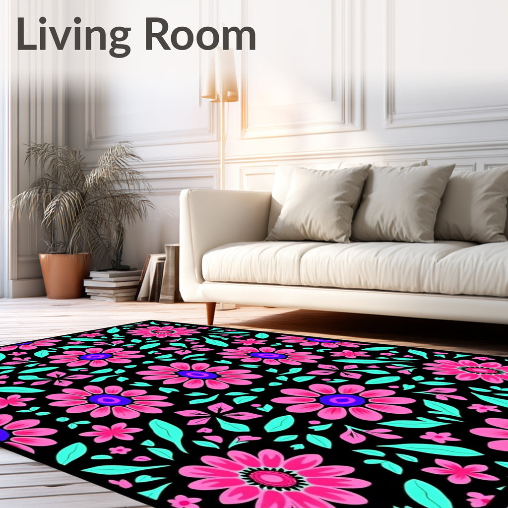 Vibrant Pink Floral Black Ground Rug