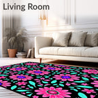 Vibrant Pink Floral Black Ground Rug