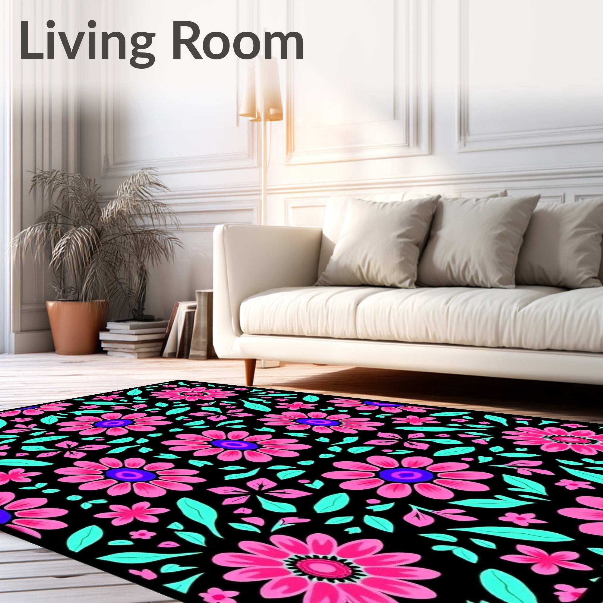 Vibrant Pink Floral Black Ground Rug
