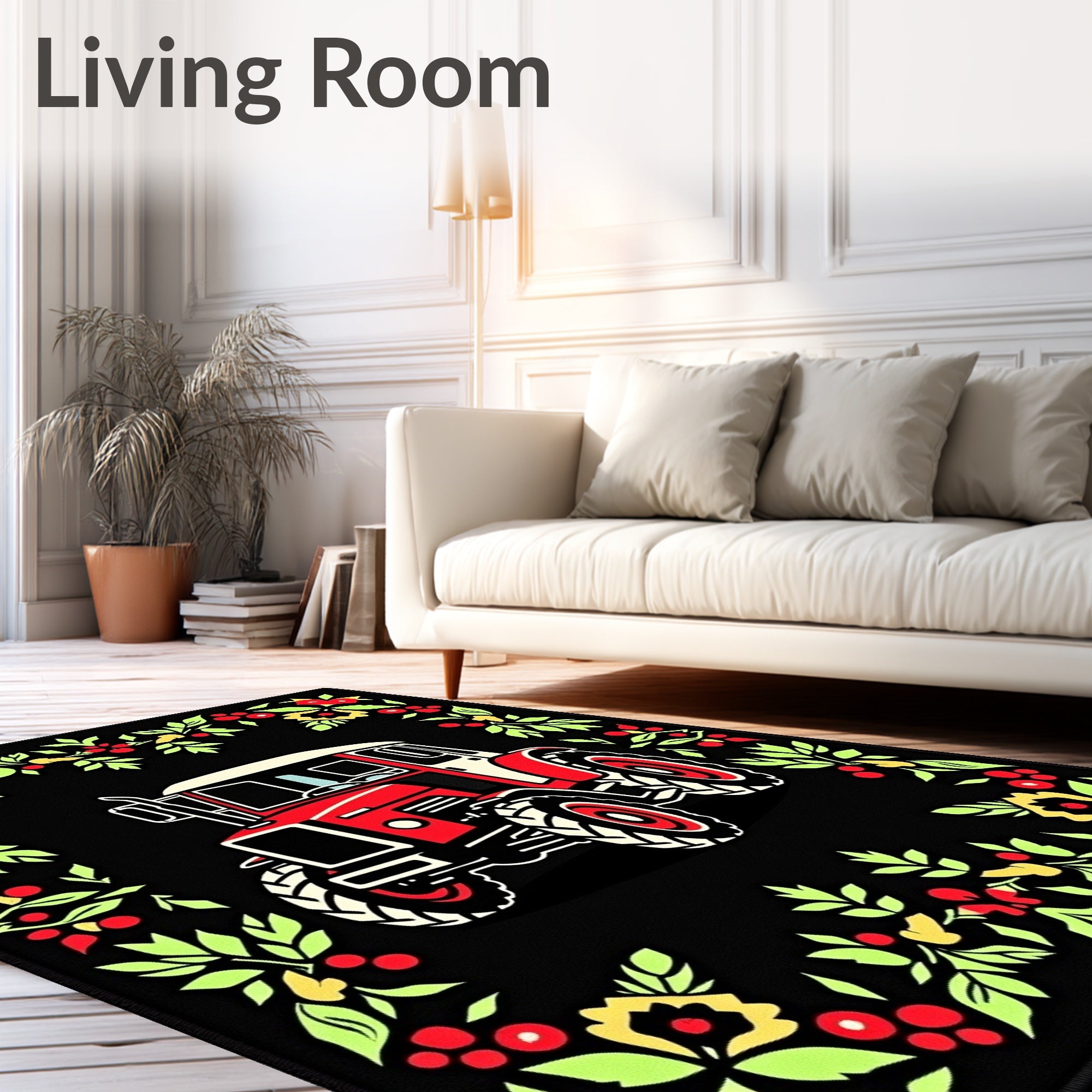 Red Tractor Floral Garland Border Rug