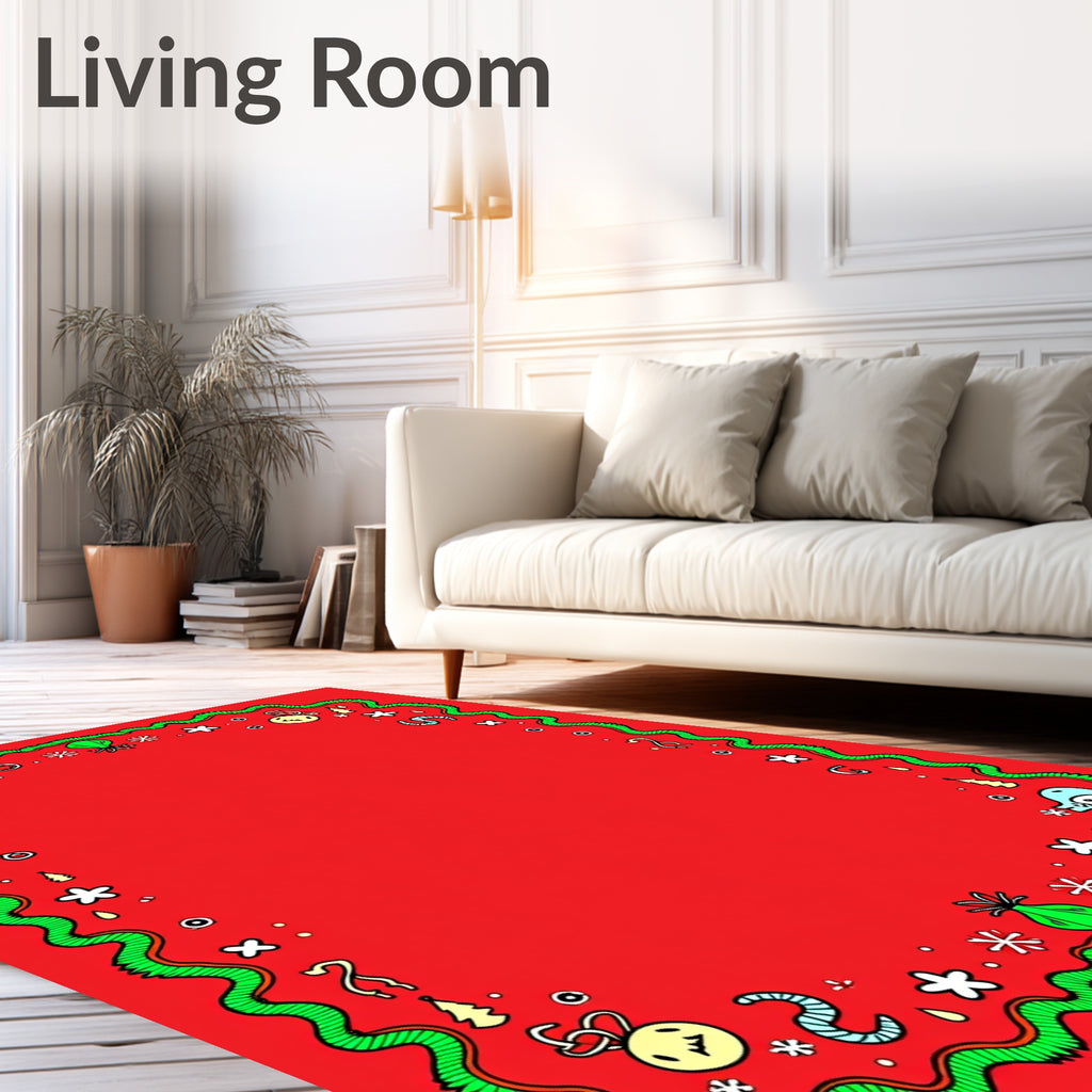 Whimsical Red Green Creature Garland Rug