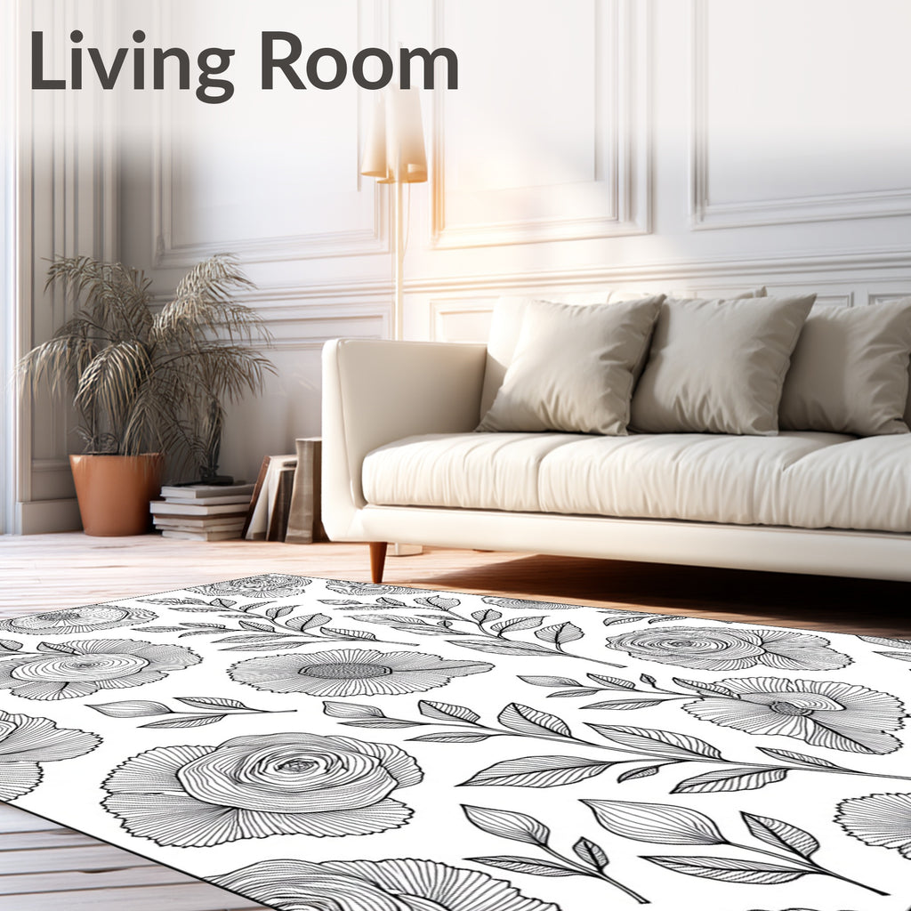 Floral Branches Black White Line Art Rug